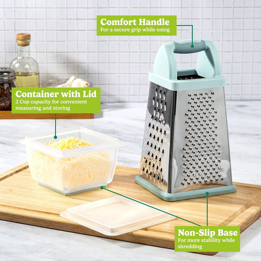 Box Grater with Storage Container & Lid, Multi-Sided Stainless Steel Grater for Fine, Medium, Coarse Shreds & Slicing, Non-Slip Base, Dishwasher Safe, Aqua