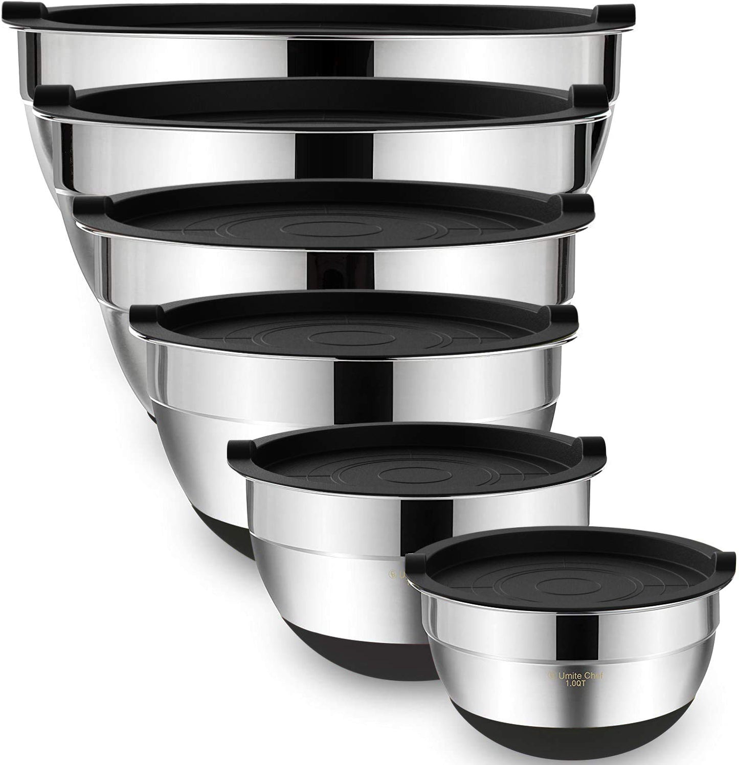 Umite Chef Mixing Bowls with Airtight Lids, 6 Piece Stainless Steel Metal Bowls, Measurement Marks & Colorful Non-Slip Bottoms Size 7, 3.5, 2.5, 2.0,1.5, 1QT, Great for Mixing & Serving