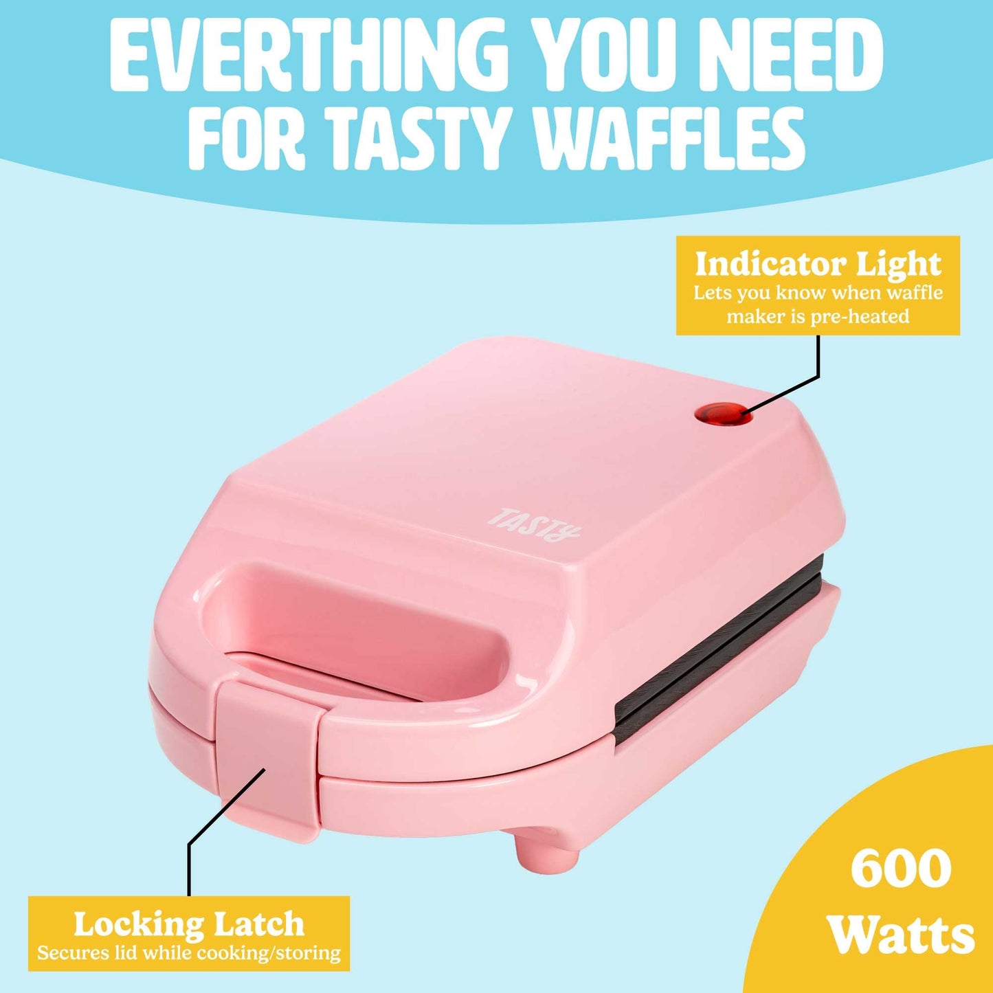 Mini Nonstick Waffle Maker, Perfect for Individual Waffles, Hash Browns, Brownies and more, Quick Results, Easy Clean Up, 600W, Pink