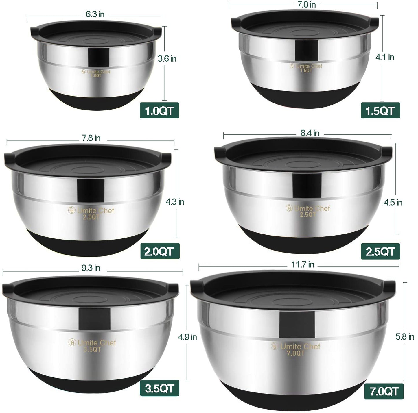Umite Chef Mixing Bowls with Airtight Lids, 6 Piece Stainless Steel Metal Bowls, Measurement Marks & Colorful Non-Slip Bottoms Size 7, 3.5, 2.5, 2.0,1.5, 1QT, Great for Mixing & Serving