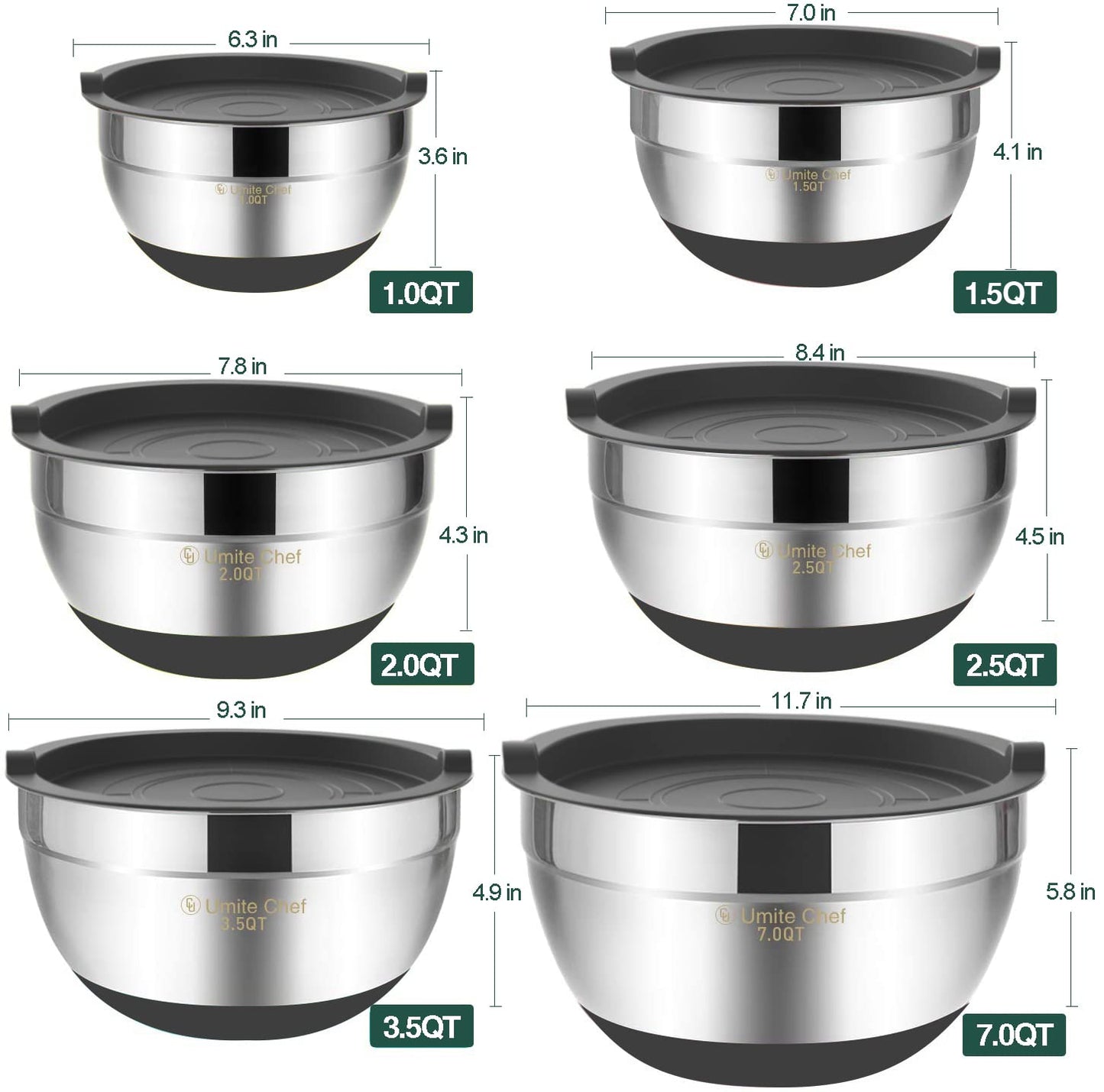 Umite Chef Mixing Bowls with Airtight Lids, 6 Piece Stainless Steel Metal Bowls, Measurement Marks & Colorful Non-Slip Bottoms Size 7, 3.5, 2.5, 2.0,1.5, 1QT, Great for Mixing & Serving