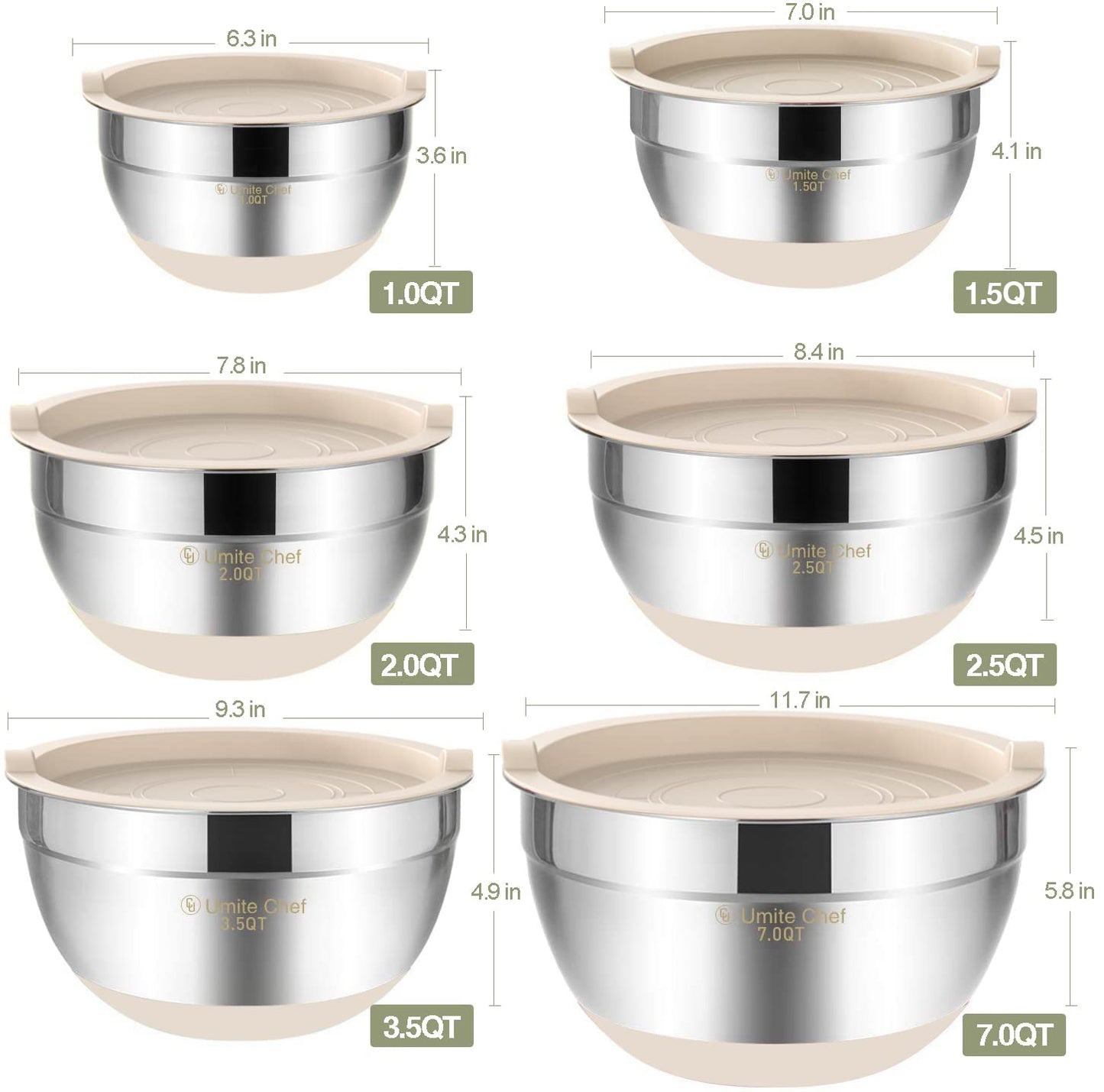 Umite Chef Mixing Bowls with Airtight Lids, 6 Piece Stainless Steel Metal Bowls, Measurement Marks & Colorful Non-Slip Bottoms Size 7, 3.5, 2.5, 2.0,1.5, 1QT, Great for Mixing & Serving