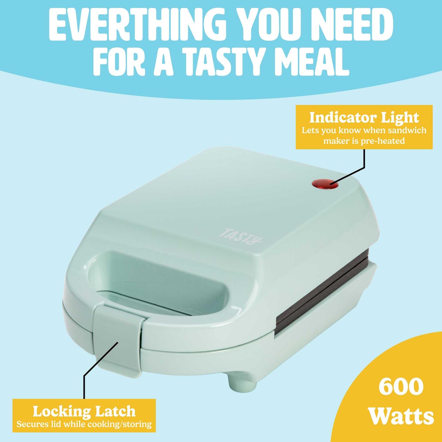 Mini Sandwich Maker, Makes Sandwiches, Paninis, Grilled Cheese, Desserts, Quick Results, Easy Cleanup, 600W, Aqua