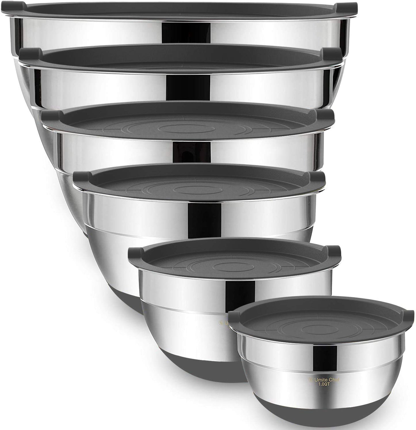 Umite Chef Mixing Bowls with Airtight Lids, 6 Piece Stainless Steel Metal Bowls, Measurement Marks & Colorful Non-Slip Bottoms Size 7, 3.5, 2.5, 2.0,1.5, 1QT, Great for Mixing & Serving