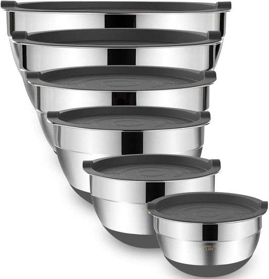 Umite Chef Mixing Bowls with Airtight Lids, 6 Piece Stainless Steel Metal Bowls, Measurement Marks & Colorful Non-Slip Bottoms Size 7, 3.5, 2.5, 2.0,1.5, 1QT, Great for Mixing & Serving