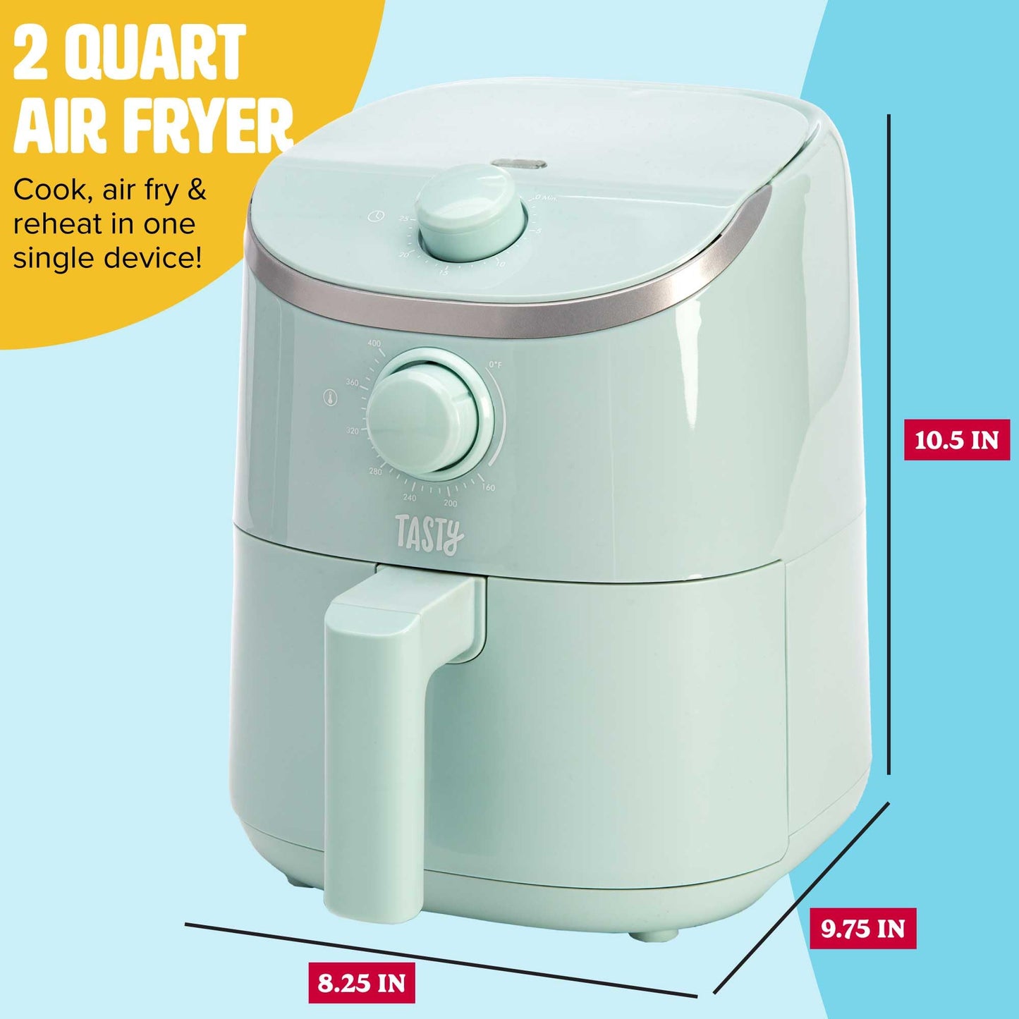 Tasty Personal Air Fryer, Healthier Meals in Minutes, Adjustable Temp Control up to 400°F, Easy-to-Use Design, Nonstick Basket and Tray Made without PFAS, PFOA, PFOS & PTFE, 900 Watts, 2-Quart, White