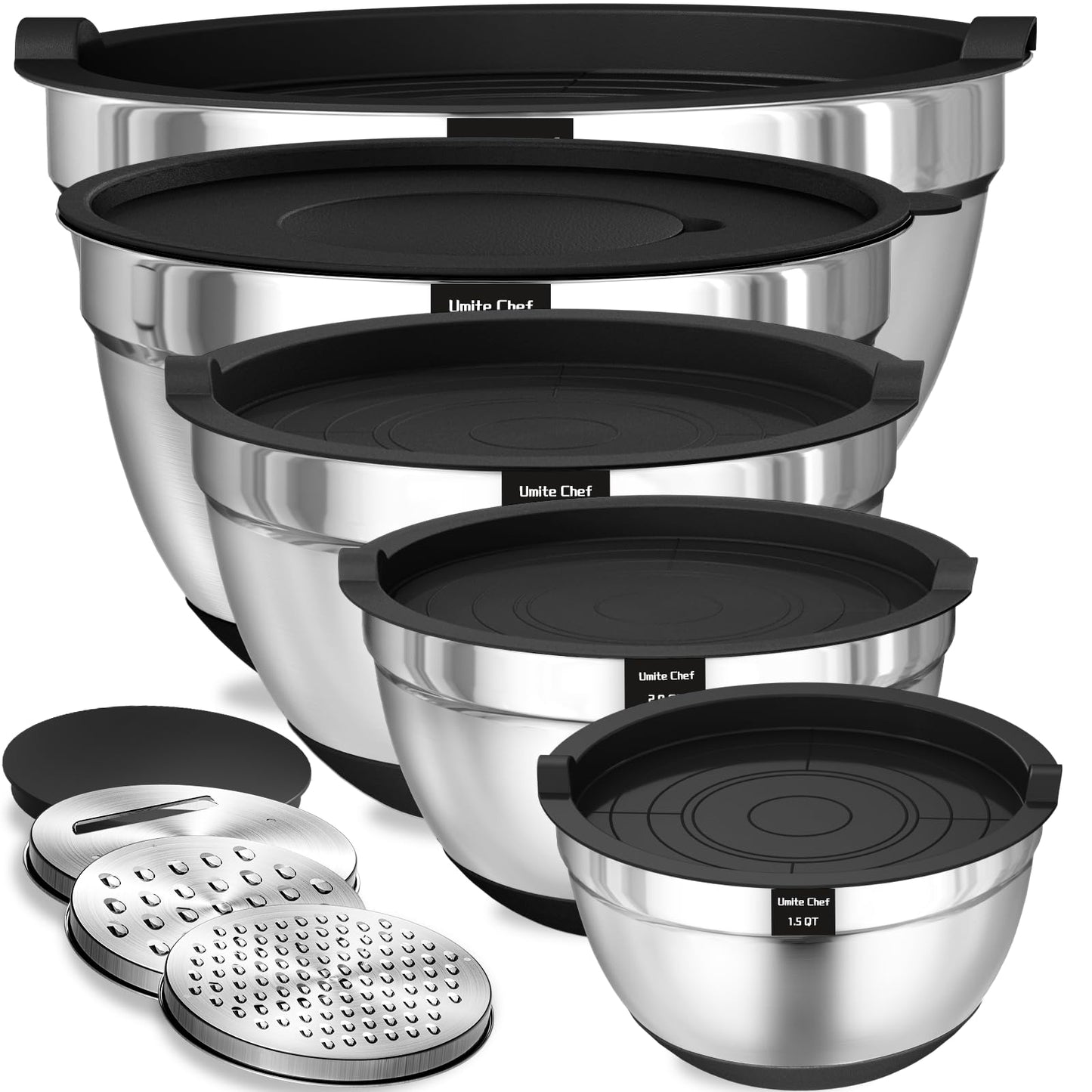 Umite Chef Mixing Bowls with Airtight Lids Set, 8PCS Stainless Steel Khaki Nesting Bowls with Grater Attachments, Kitchen Bowls with Non-Slip Bottoms, Size 5, 4, 3.5, 2, 1.5QT for Mixing & Serving