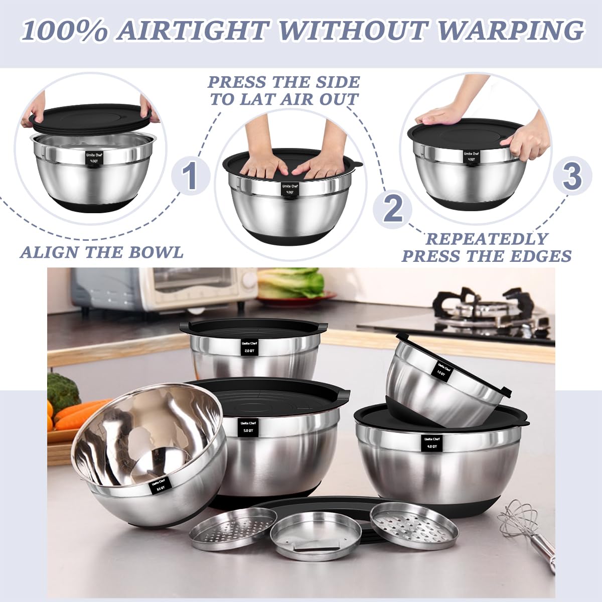 Umite Chef Mixing Bowls with Airtight Lids Set, 8PCS Stainless Steel Khaki Nesting Bowls with Grater Attachments, Kitchen Bowls with Non-Slip Bottoms, Size 5, 4, 3.5, 2, 1.5QT for Mixing & Serving