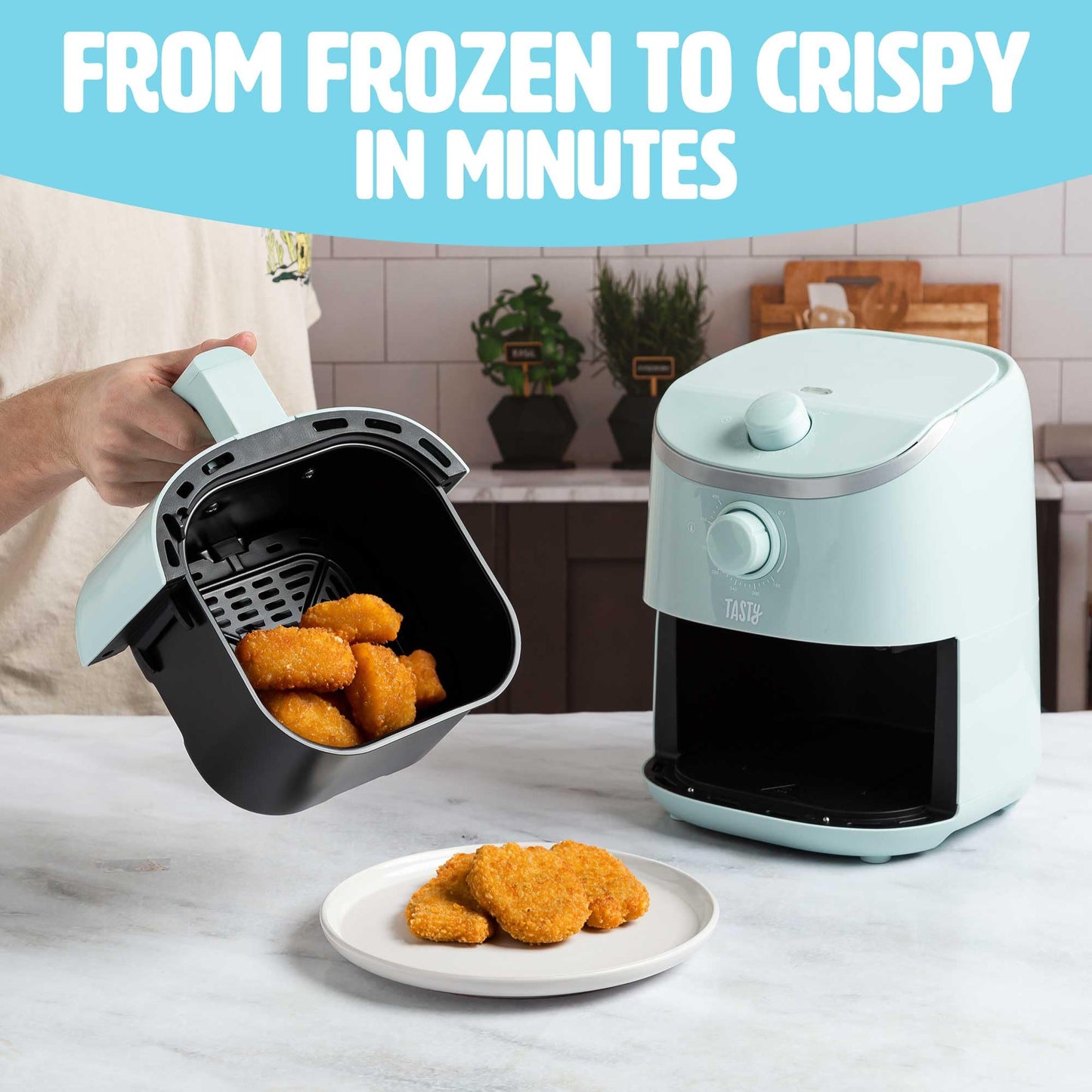 Tasty Personal Air Fryer, Healthier Meals in Minutes, Adjustable Temp Control up to 400°F, Easy-to-Use Design, Nonstick Basket and Tray Made without PFAS, PFOA, PFOS & PTFE, 900 Watts, 2-Quart, White