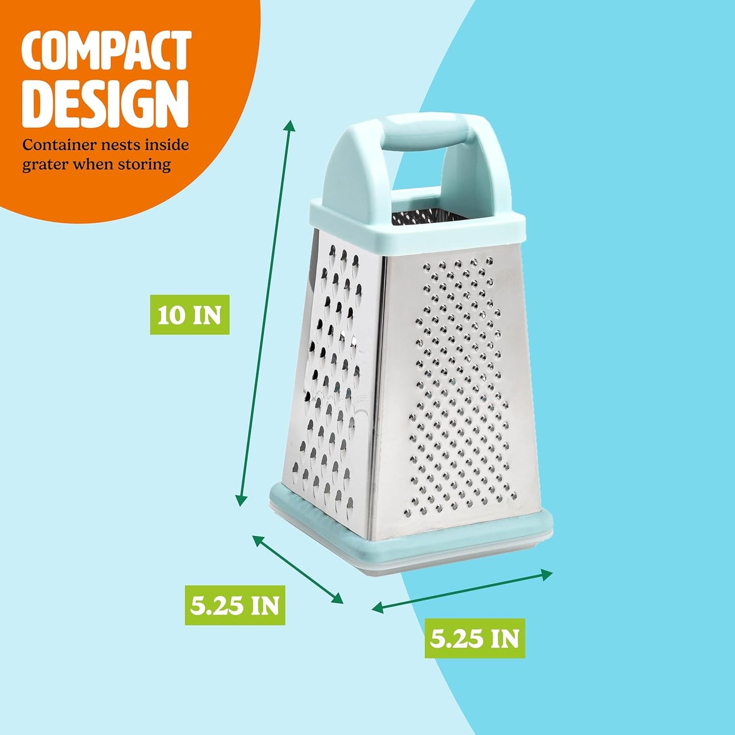Box Grater with Storage Container & Lid, Multi-Sided Stainless Steel Grater for Fine, Medium, Coarse Shreds & Slicing, Non-Slip Base, Dishwasher Safe, Aqua