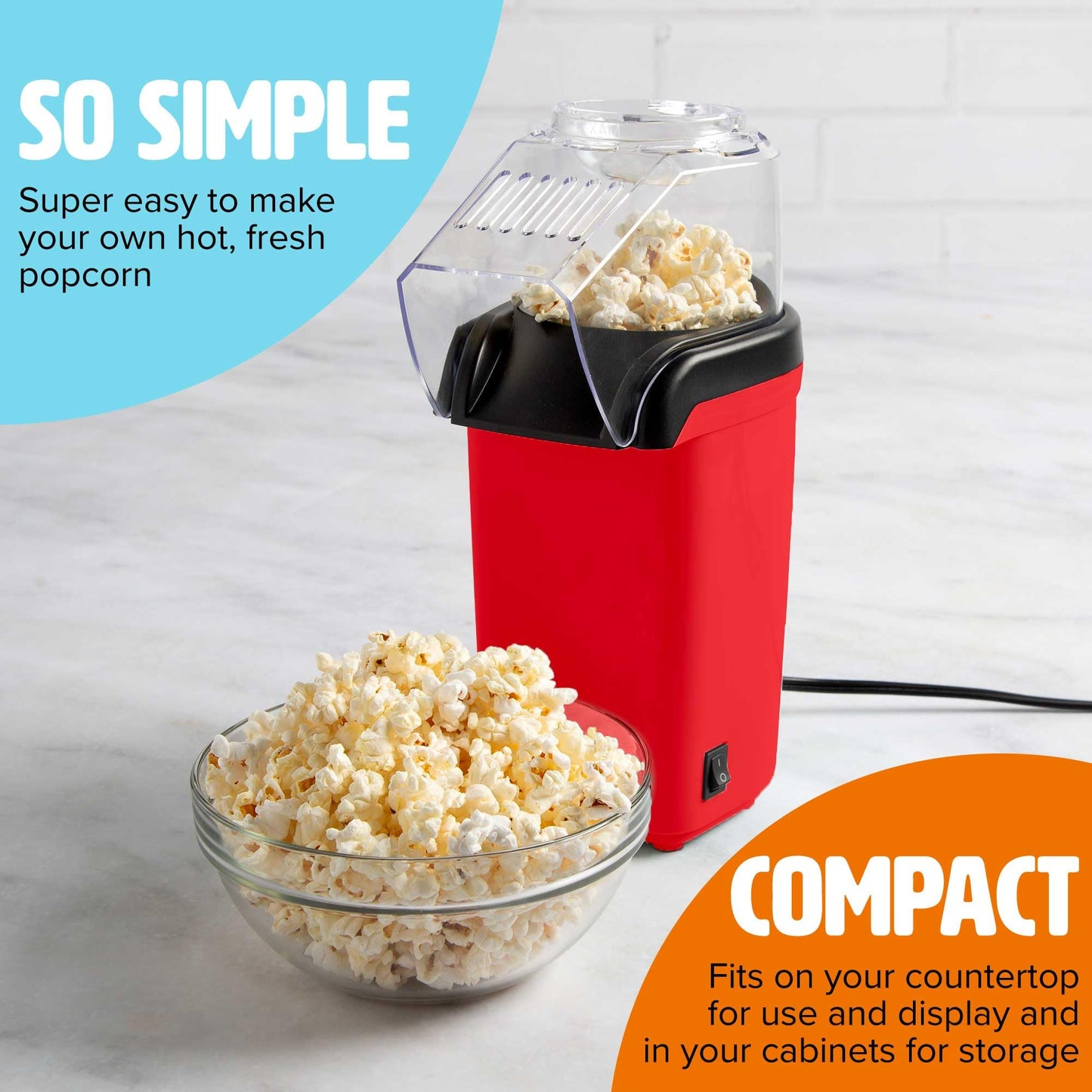 Hot Air Popcorn Popper, Healthy and Delicious Popcorn in Minutes, Fast and Easy-to-Use, Built-In Measuring Cup and Butter Warmer, 8 Cups, White