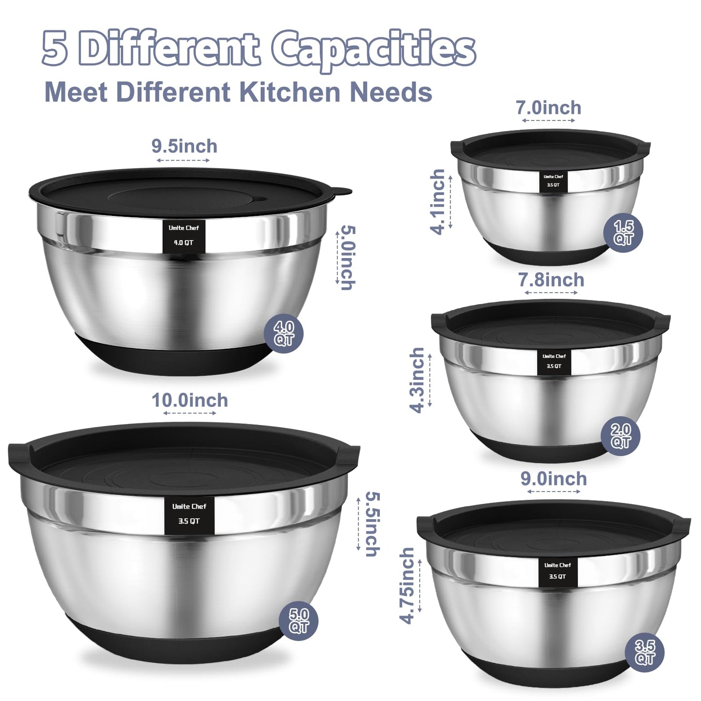 Umite Chef Mixing Bowls with Airtight Lids Set, 8PCS Stainless Steel Khaki Nesting Bowls with Grater Attachments, Kitchen Bowls with Non-Slip Bottoms, Size 5, 4, 3.5, 2, 1.5QT for Mixing & Serving