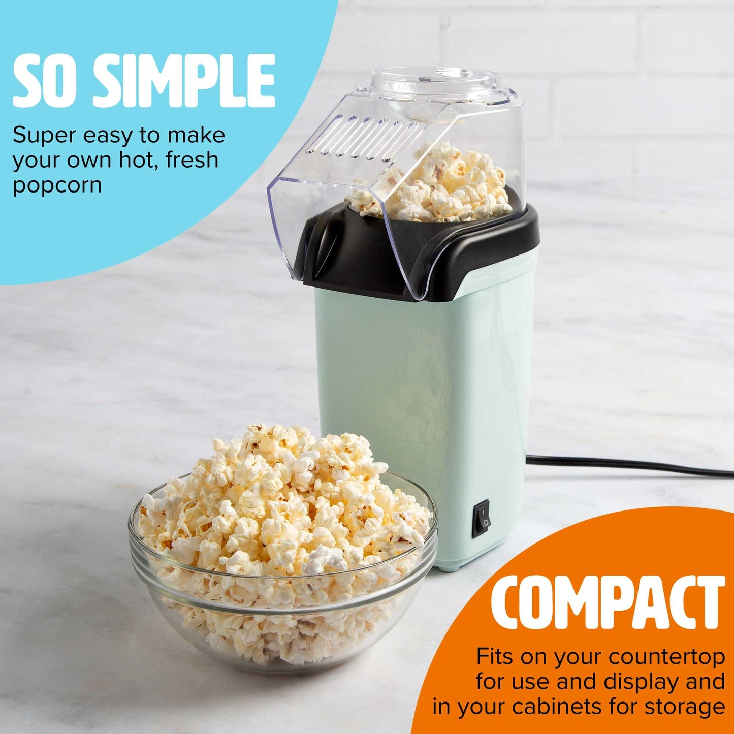 Hot Air Popcorn Popper, Healthy and Delicious Popcorn in Minutes, Fast and Easy-to-Use, Built-In Measuring Cup and Butter Warmer, 8 Cups, White
