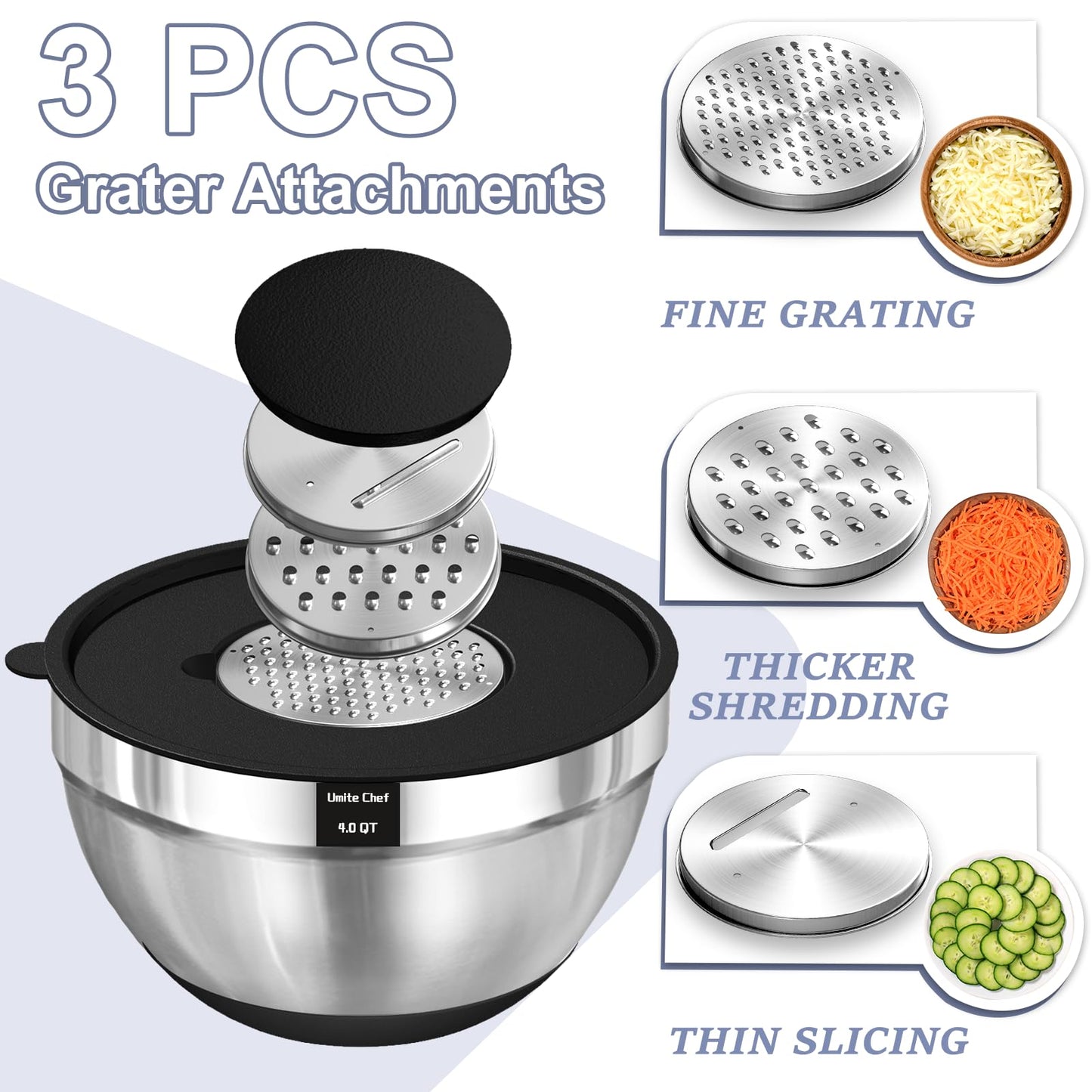 Umite Chef Mixing Bowls with Airtight Lids Set, 8PCS Stainless Steel Khaki Nesting Bowls with Grater Attachments, Kitchen Bowls with Non-Slip Bottoms, Size 5, 4, 3.5, 2, 1.5QT for Mixing & Serving