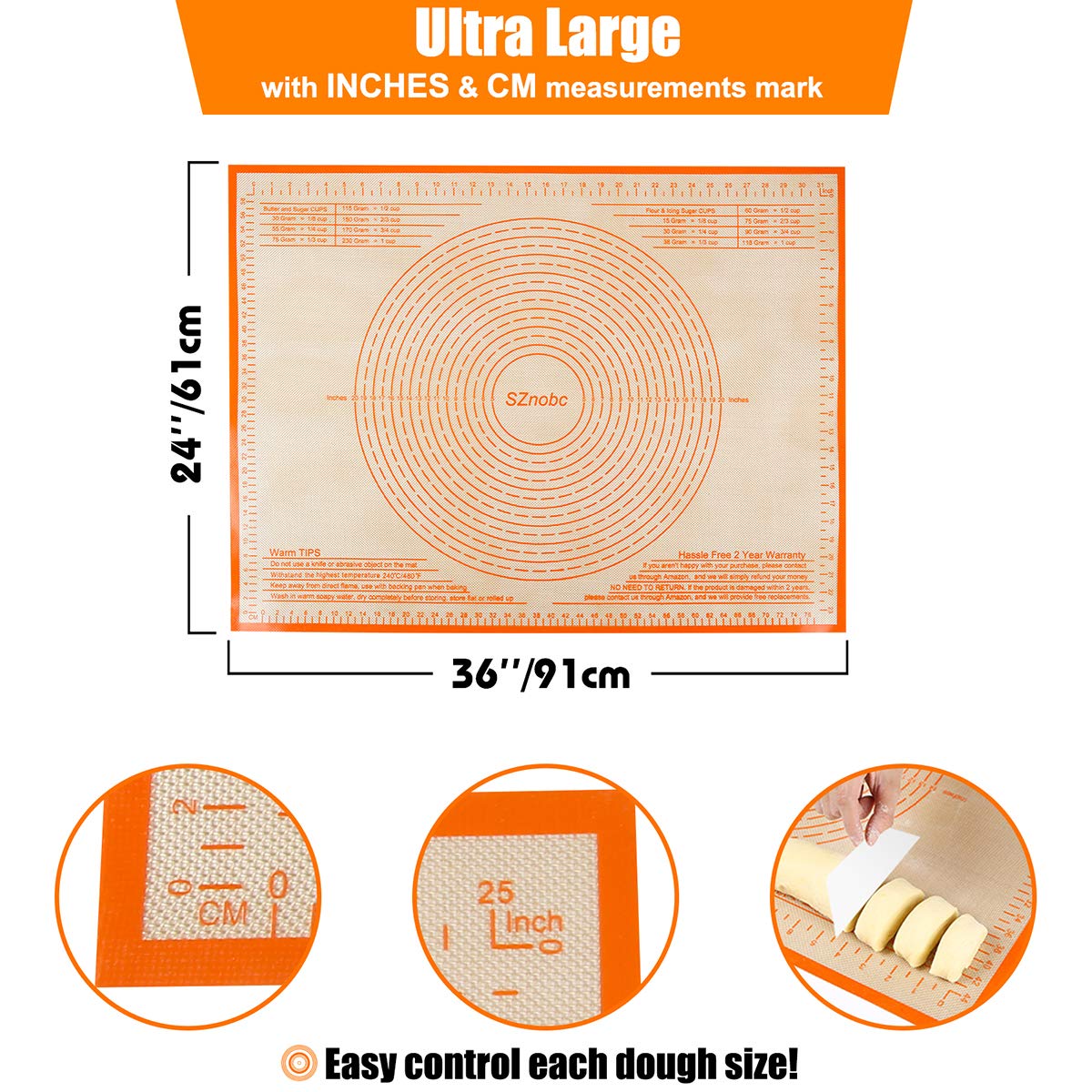 Non-slip Silicone Pastry Mat 36X24 inches Baking Mat with Measurement, Perfect for Dough, Pastry, Pie Crust, Fondant, Cookies, Bread, Pasta, Pizza, Food Grade Kitchen Counter Mats