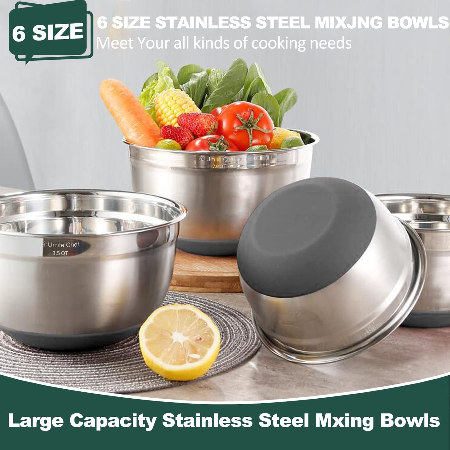 Umite Chef Mixing Bowls with Airtight Lids, 6 Piece Stainless Steel Metal Bowls, Measurement Marks & Colorful Non-Slip Bottoms Size 7, 3.5, 2.5, 2.0,1.5, 1QT, Great for Mixing & Serving