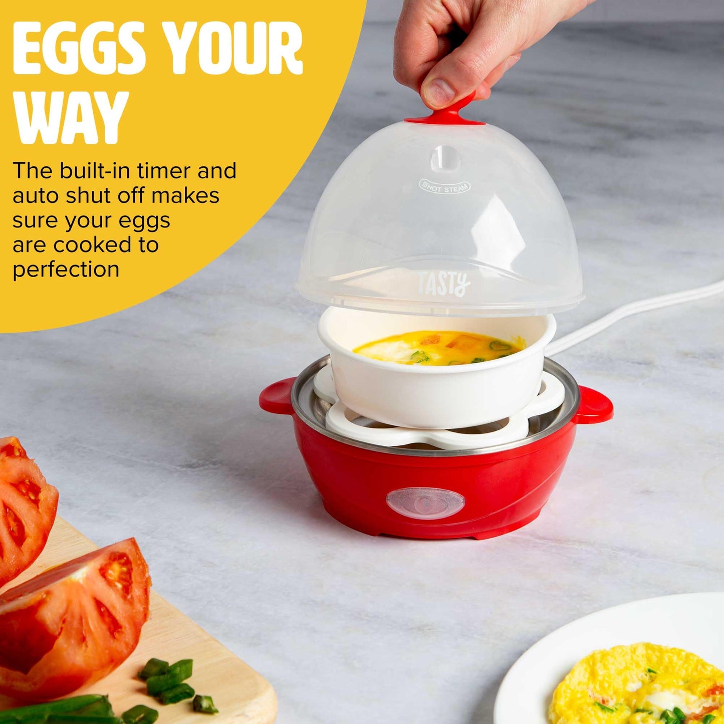 Mini Rapid Egg Cooker, 5-Egg Capacity for Perfect Hard Boiled Eggs or Omelets, Auto Shut Off, Red