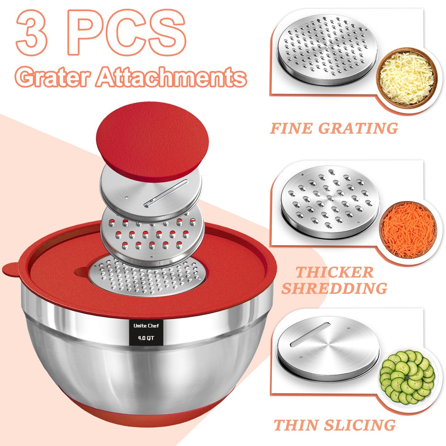 Umite Chef Mixing Bowls with Airtight Lids Set, 8PCS Stainless Steel Khaki Nesting Bowls with Grater Attachments, Kitchen Bowls with Non-Slip Bottoms, Size 5, 4, 3.5, 2, 1.5QT for Mixing & Serving