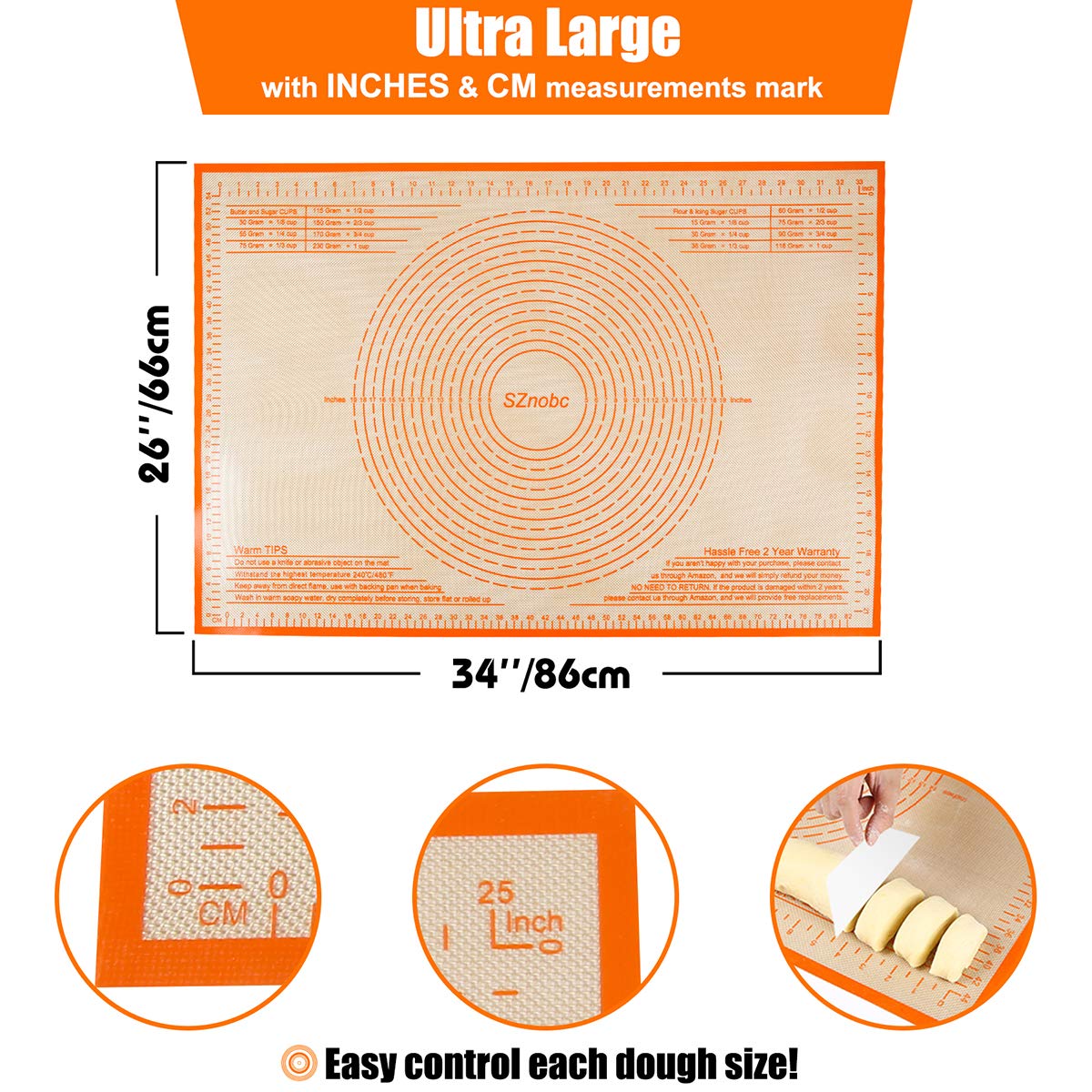 Non-slip Silicone Pastry Mat 36X24 inches Baking Mat with Measurement, Perfect for Dough, Pastry, Pie Crust, Fondant, Cookies, Bread, Pasta, Pizza, Food Grade Kitchen Counter Mats