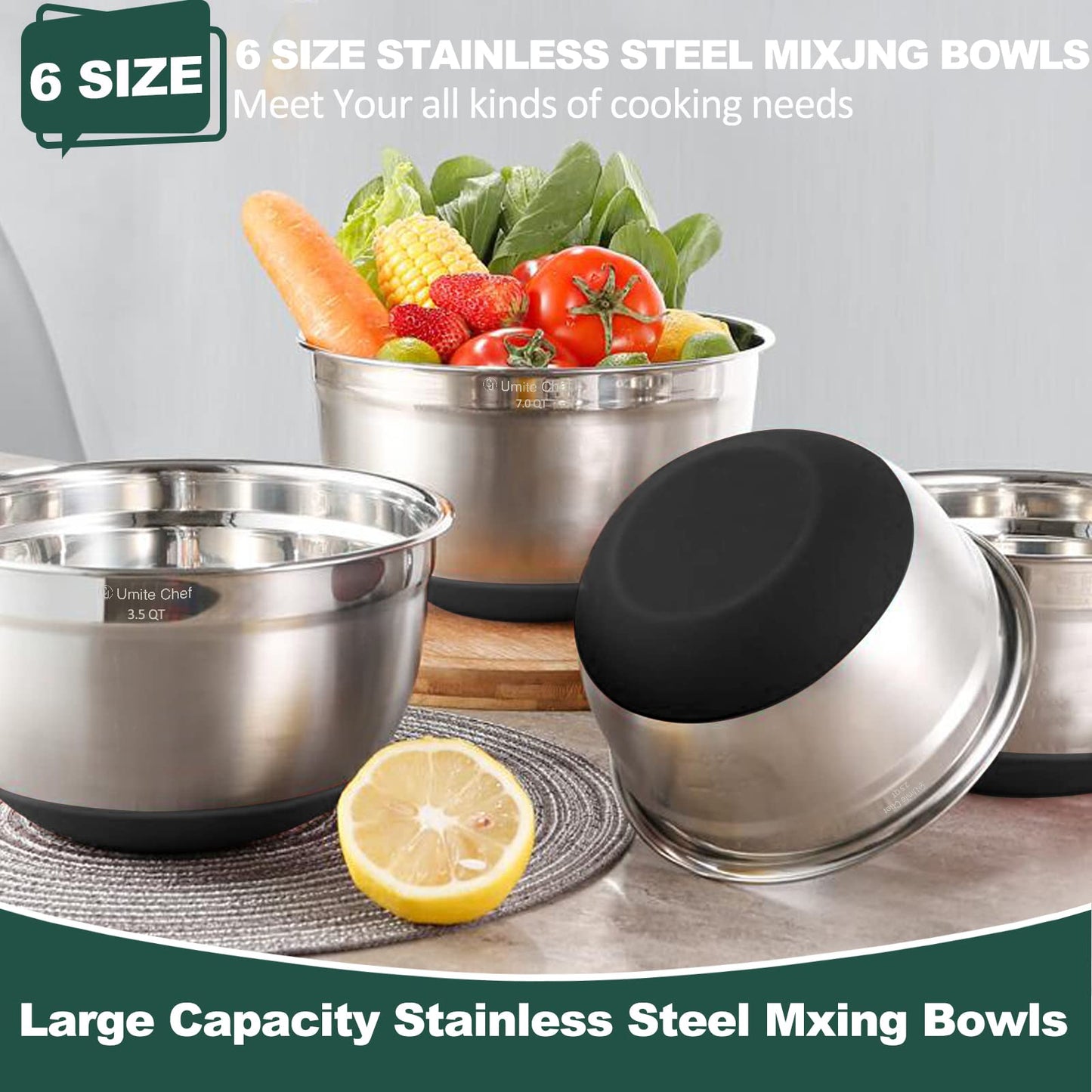 Umite Chef Mixing Bowls with Airtight Lids, 6 Piece Stainless Steel Metal Bowls, Measurement Marks & Colorful Non-Slip Bottoms Size 7, 3.5, 2.5, 2.0,1.5, 1QT, Great for Mixing & Serving