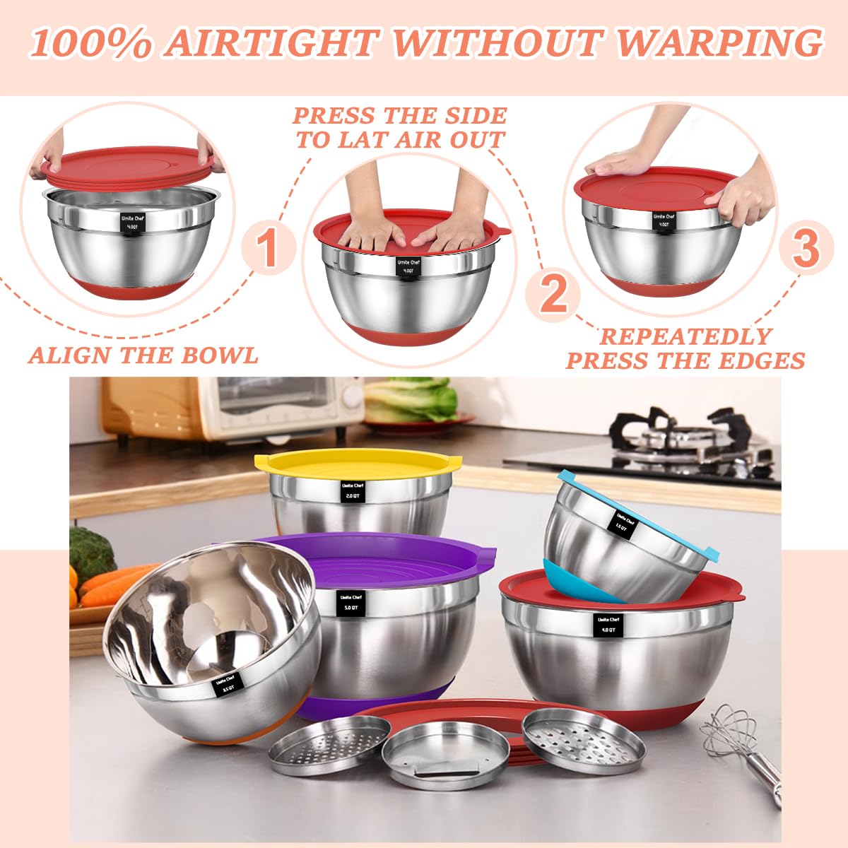 Umite Chef Mixing Bowls with Airtight Lids Set, 8PCS Stainless Steel Khaki Nesting Bowls with Grater Attachments, Kitchen Bowls with Non-Slip Bottoms, Size 5, 4, 3.5, 2, 1.5QT for Mixing & Serving