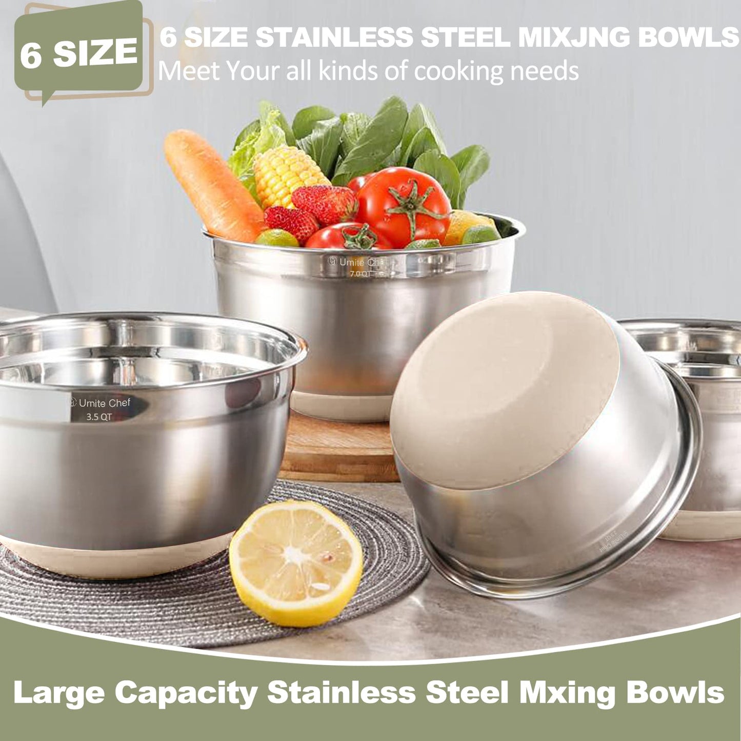 Umite Chef Mixing Bowls with Airtight Lids, 6 Piece Stainless Steel Metal Bowls, Measurement Marks & Colorful Non-Slip Bottoms Size 7, 3.5, 2.5, 2.0,1.5, 1QT, Great for Mixing & Serving