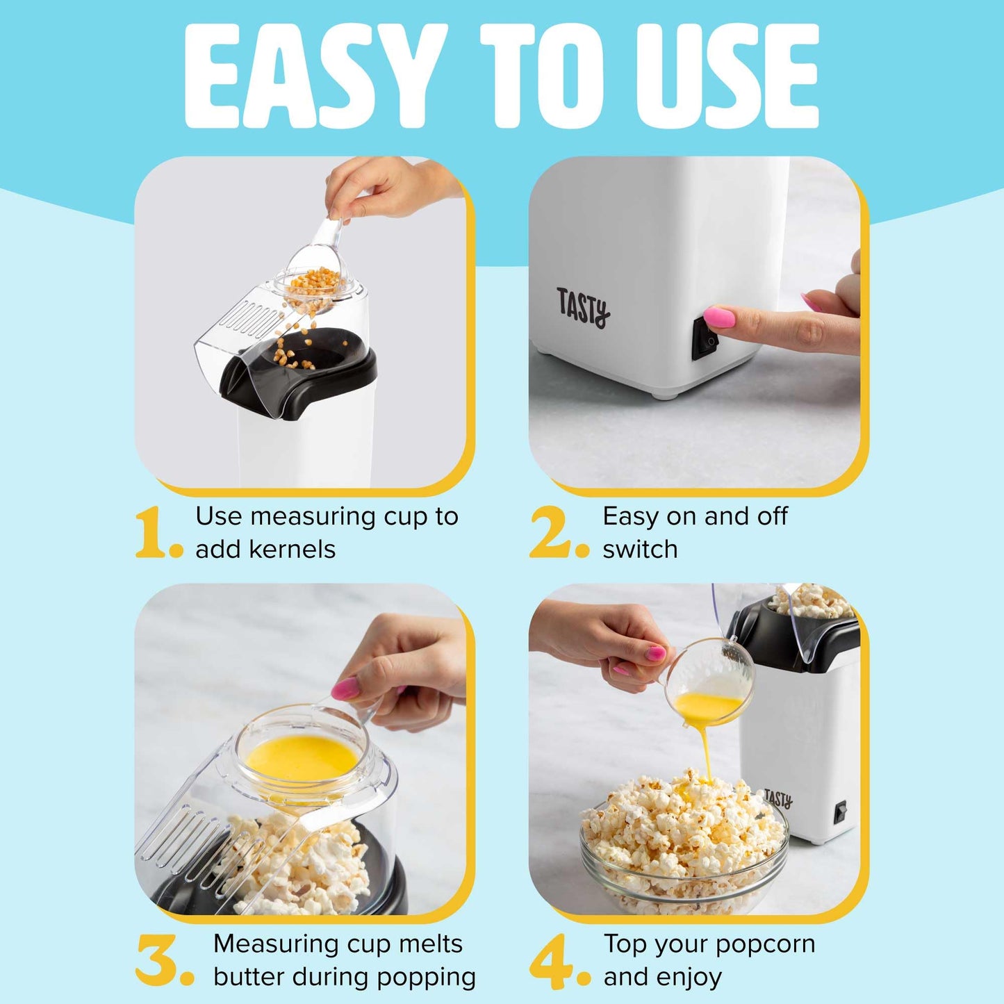 Hot Air Popcorn Popper, Healthy and Delicious Popcorn in Minutes, Fast and Easy-to-Use, Built-In Measuring Cup and Butter Warmer, 8 Cups, White