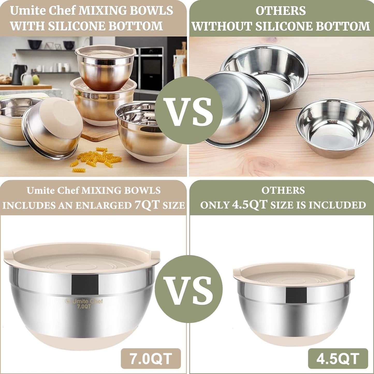 Umite Chef Mixing Bowls with Airtight Lids, 6 Piece Stainless Steel Metal Bowls, Measurement Marks & Colorful Non-Slip Bottoms Size 7, 3.5, 2.5, 2.0,1.5, 1QT, Great for Mixing & Serving