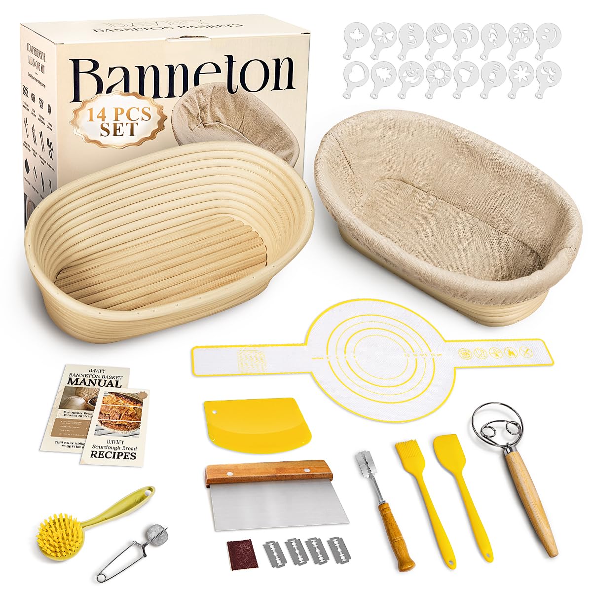 Sourdough Starter Kit, 9" Round & 10" Oval Banneton Bread Proofing Baskets Set, Sourdough Bread Baking Supplies Making Tools with Dough Scraper, Whisk, Bread Lame, Silicone Sling, Recipe