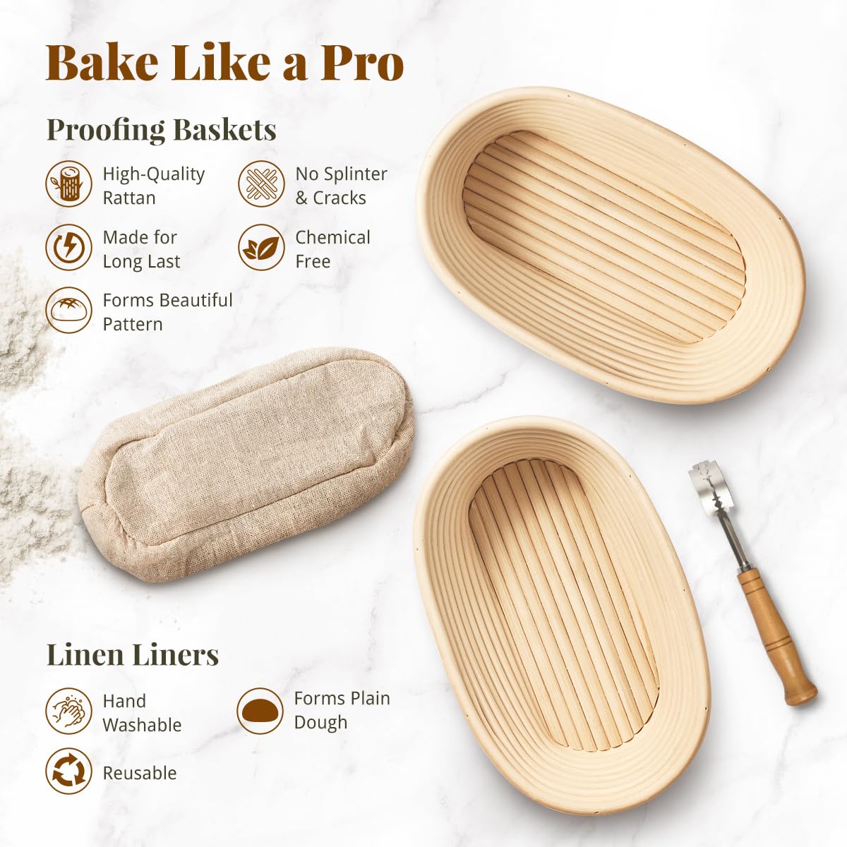 Sourdough Starter Kit, 9" Round & 10" Oval Banneton Bread Proofing Baskets Set, Sourdough Bread Baking Supplies Making Tools with Dough Scraper, Whisk, Bread Lame, Silicone Sling, Recipe