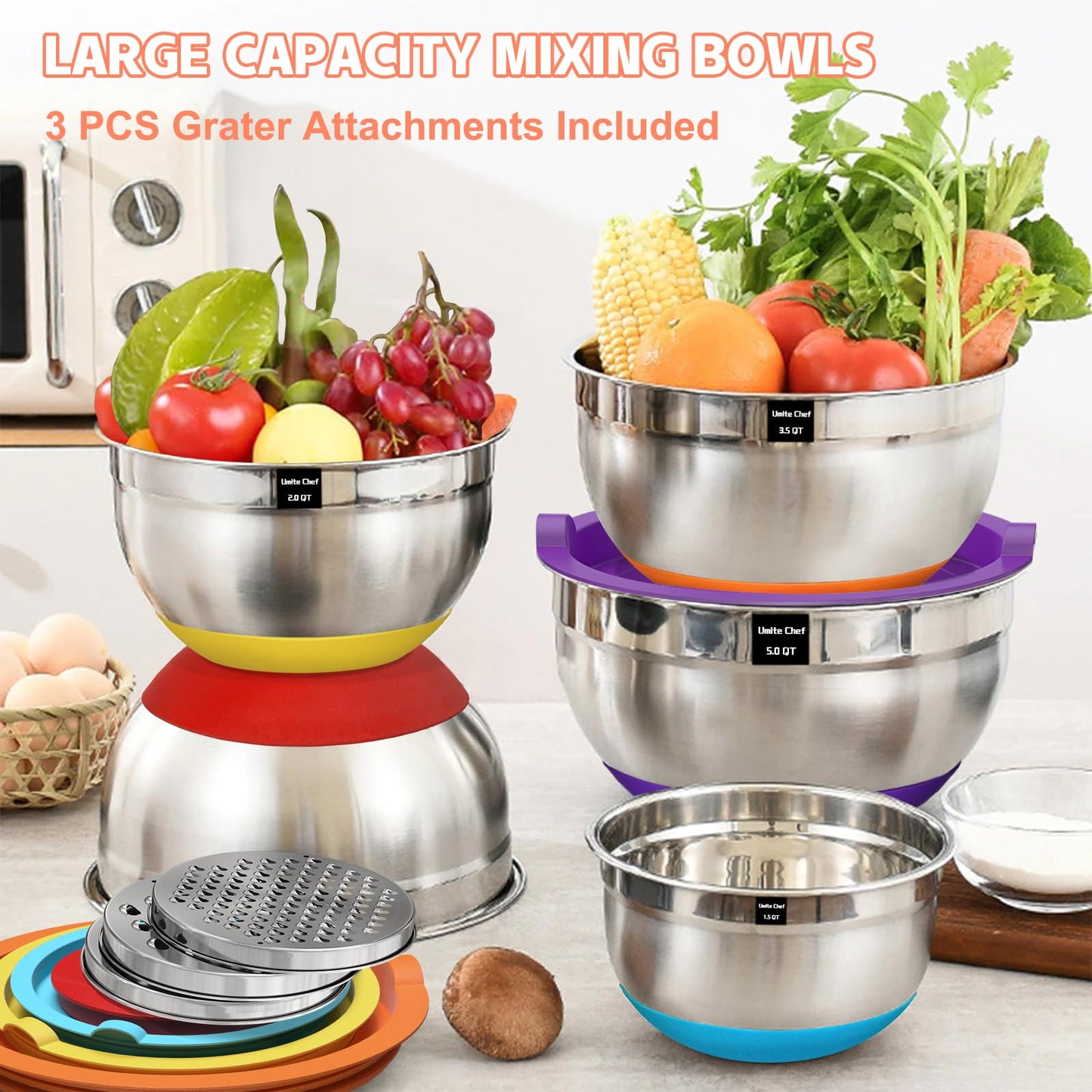Umite Chef Mixing Bowls with Airtight Lids Set, 8PCS Stainless Steel Khaki Nesting Bowls with Grater Attachments, Kitchen Bowls with Non-Slip Bottoms, Size 5, 4, 3.5, 2, 1.5QT for Mixing & Serving