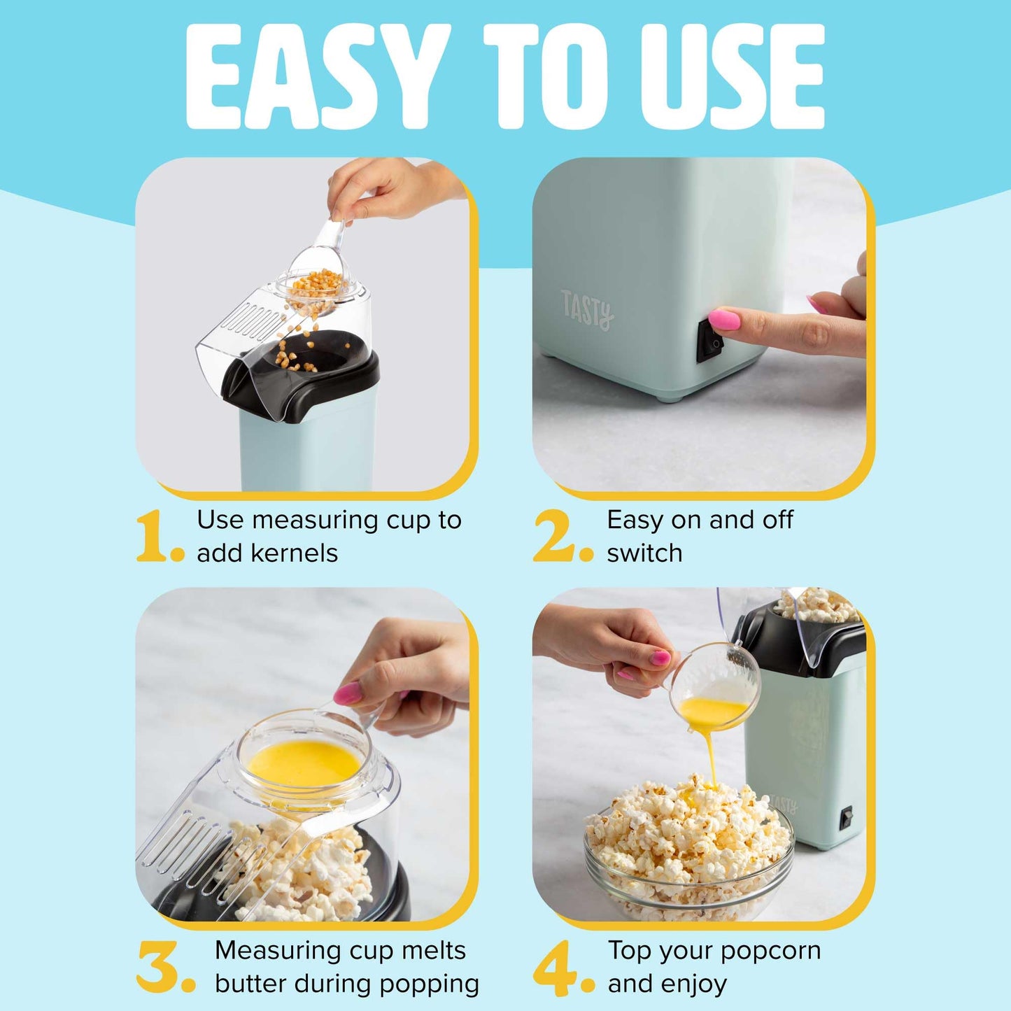 Hot Air Popcorn Popper, Healthy and Delicious Popcorn in Minutes, Fast and Easy-to-Use, Built-In Measuring Cup and Butter Warmer, 8 Cups, White