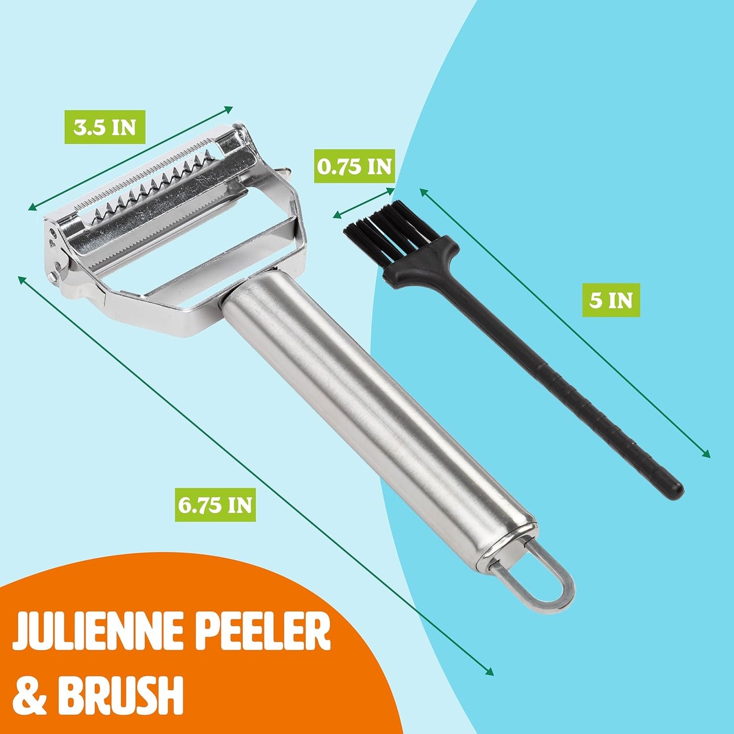 Tasty Julienne Vegetable Peeler with Cleaning Brush, Sharp Stainless Steel Blades, 2 Piece Set, Dishwasher Safe