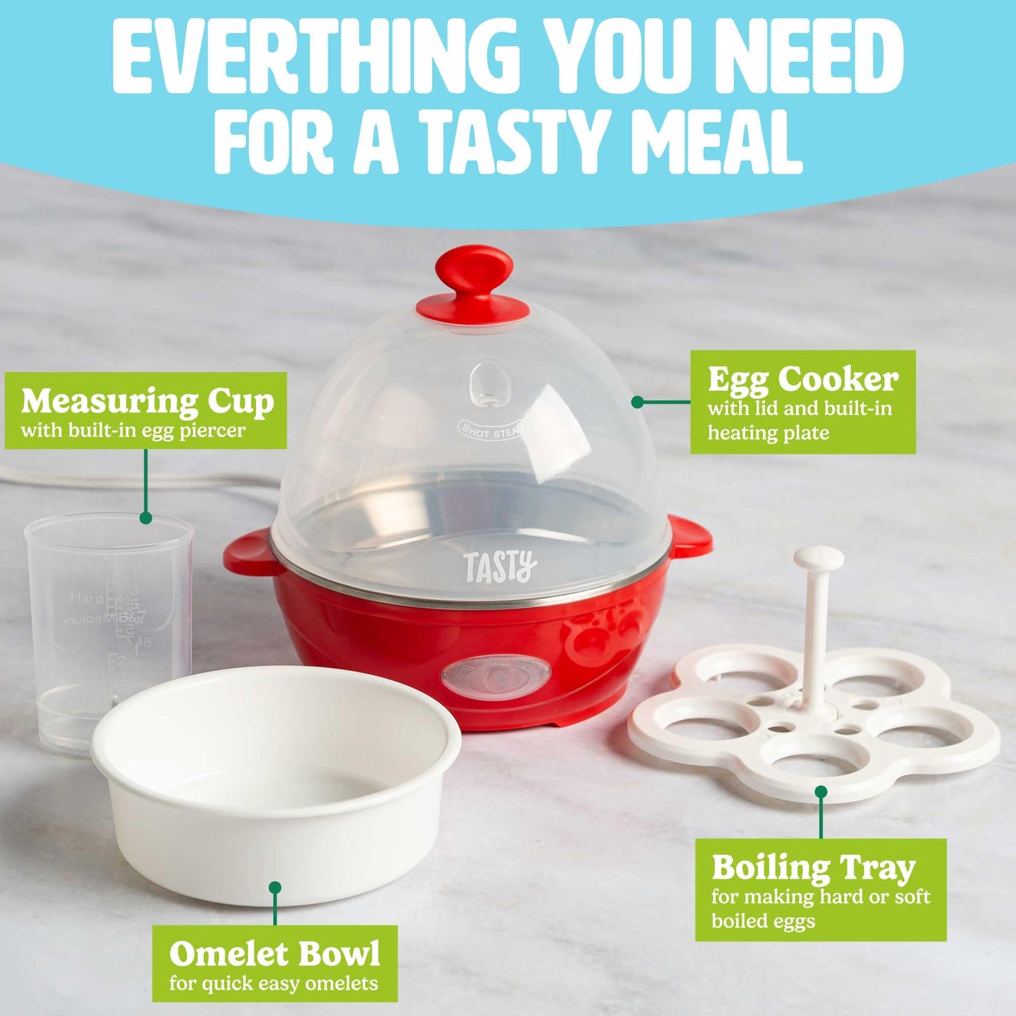 Mini Rapid Egg Cooker, 5-Egg Capacity for Perfect Hard Boiled Eggs or Omelets, Auto Shut Off, Red