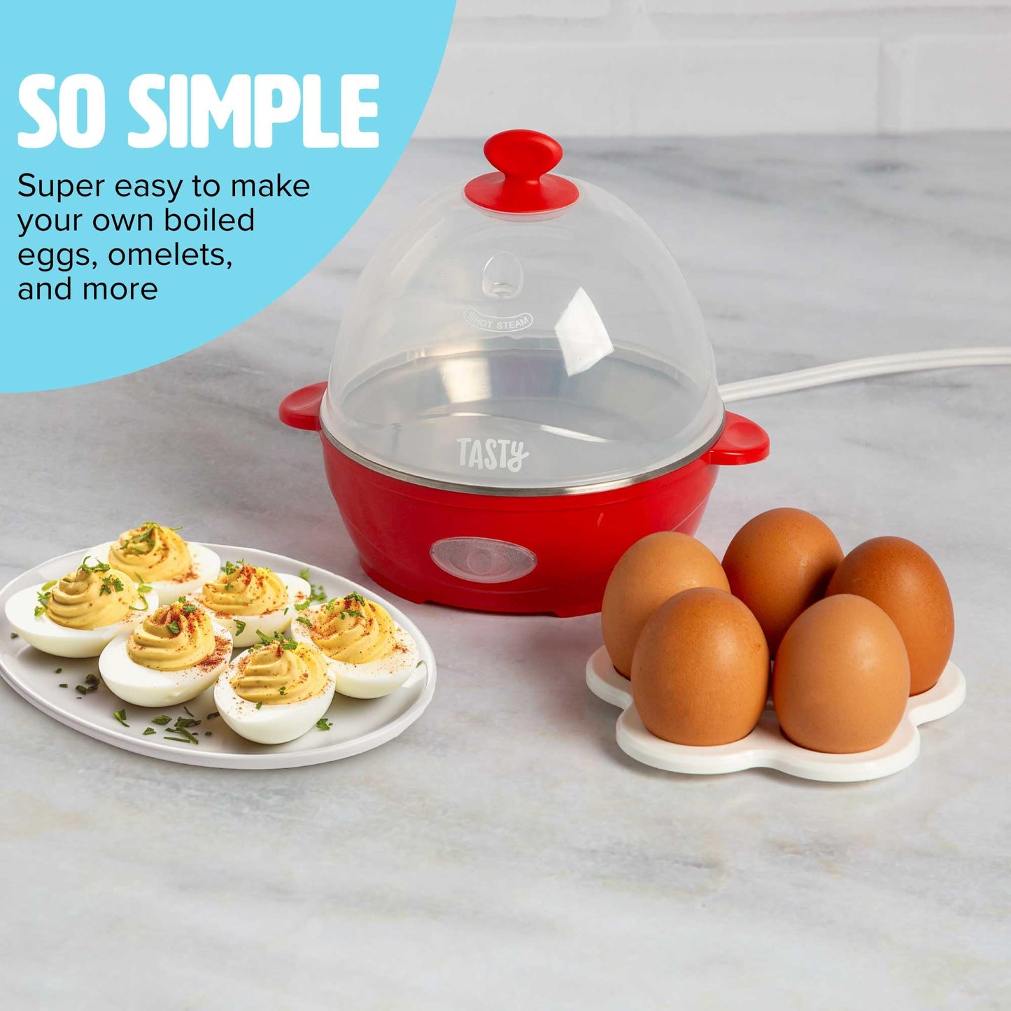 Mini Rapid Egg Cooker, 5-Egg Capacity for Perfect Hard Boiled Eggs or Omelets, Auto Shut Off, Red