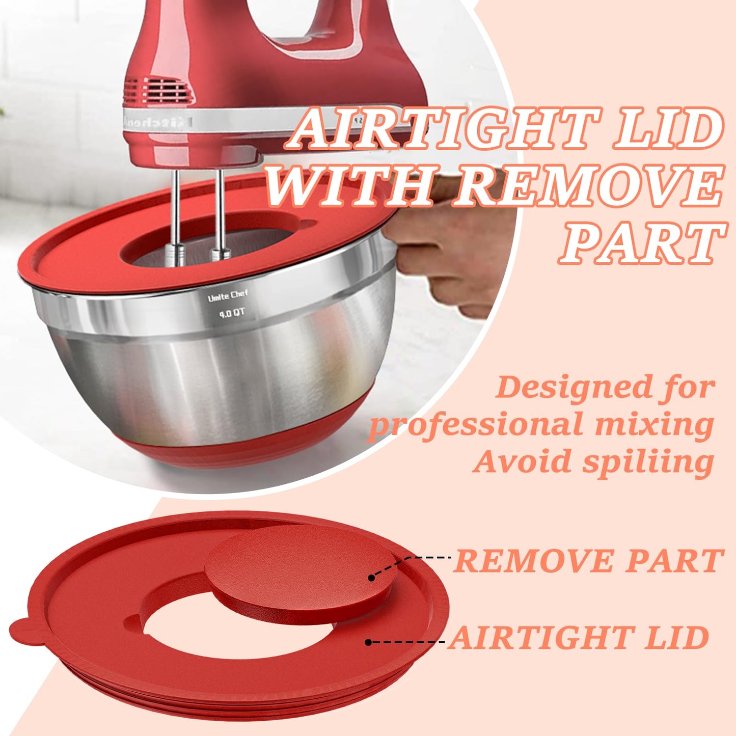 Umite Chef Mixing Bowls with Airtight Lids Set, 8PCS Stainless Steel Khaki Nesting Bowls with Grater Attachments, Kitchen Bowls with Non-Slip Bottoms, Size 5, 4, 3.5, 2, 1.5QT for Mixing & Serving