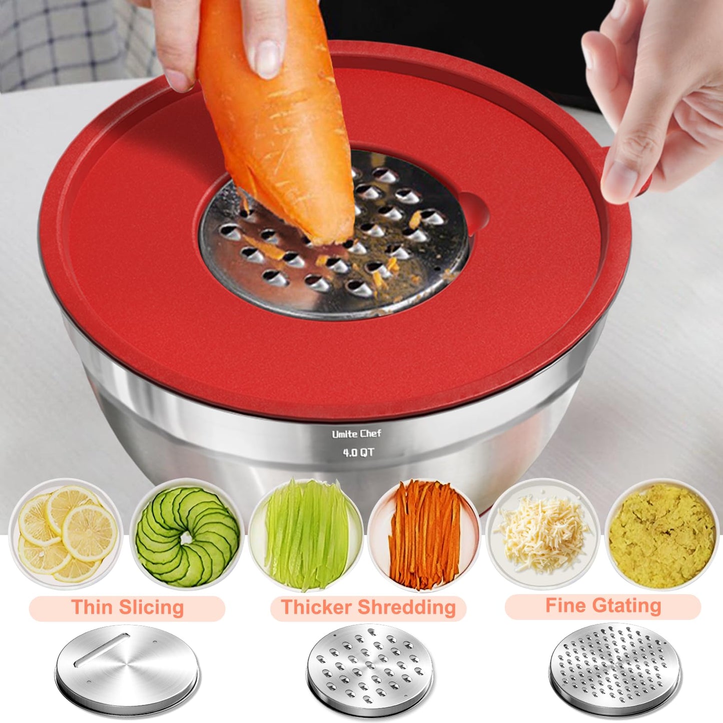 Umite Chef Mixing Bowls with Airtight Lids Set, 8PCS Stainless Steel Khaki Nesting Bowls with Grater Attachments, Kitchen Bowls with Non-Slip Bottoms, Size 5, 4, 3.5, 2, 1.5QT for Mixing & Serving