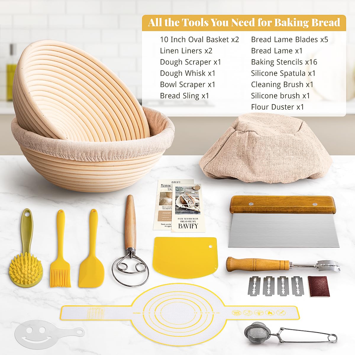 Sourdough Starter Kit, 9" Round & 10" Oval Banneton Bread Proofing Baskets Set, Sourdough Bread Baking Supplies Making Tools with Dough Scraper, Whisk, Bread Lame, Silicone Sling, Recipe