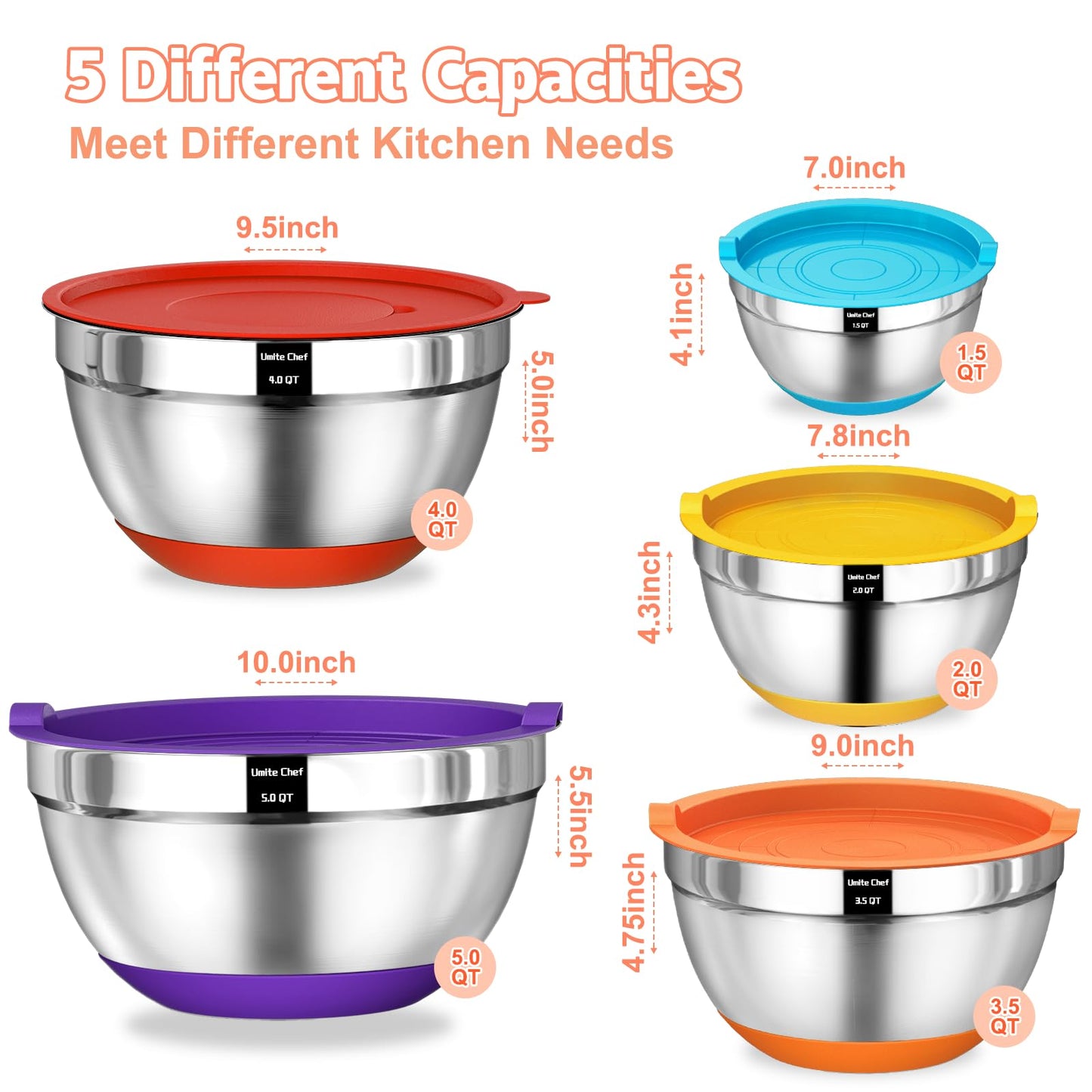 Umite Chef Mixing Bowls with Airtight Lids Set, 8PCS Stainless Steel Khaki Nesting Bowls with Grater Attachments, Kitchen Bowls with Non-Slip Bottoms, Size 5, 4, 3.5, 2, 1.5QT for Mixing & Serving