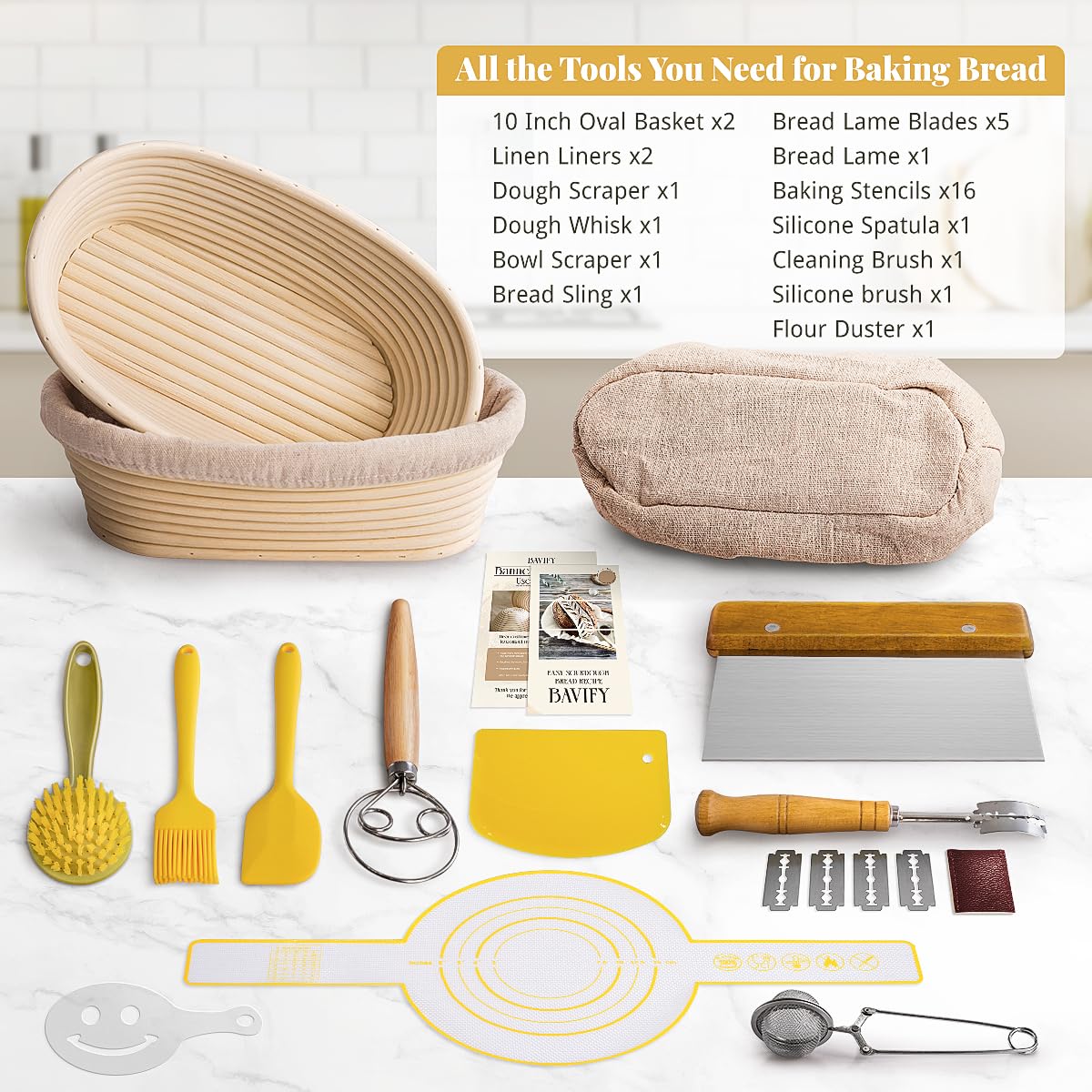 Sourdough Starter Kit, 9" Round & 10" Oval Banneton Bread Proofing Baskets Set, Sourdough Bread Baking Supplies Making Tools with Dough Scraper, Whisk, Bread Lame, Silicone Sling, Recipe