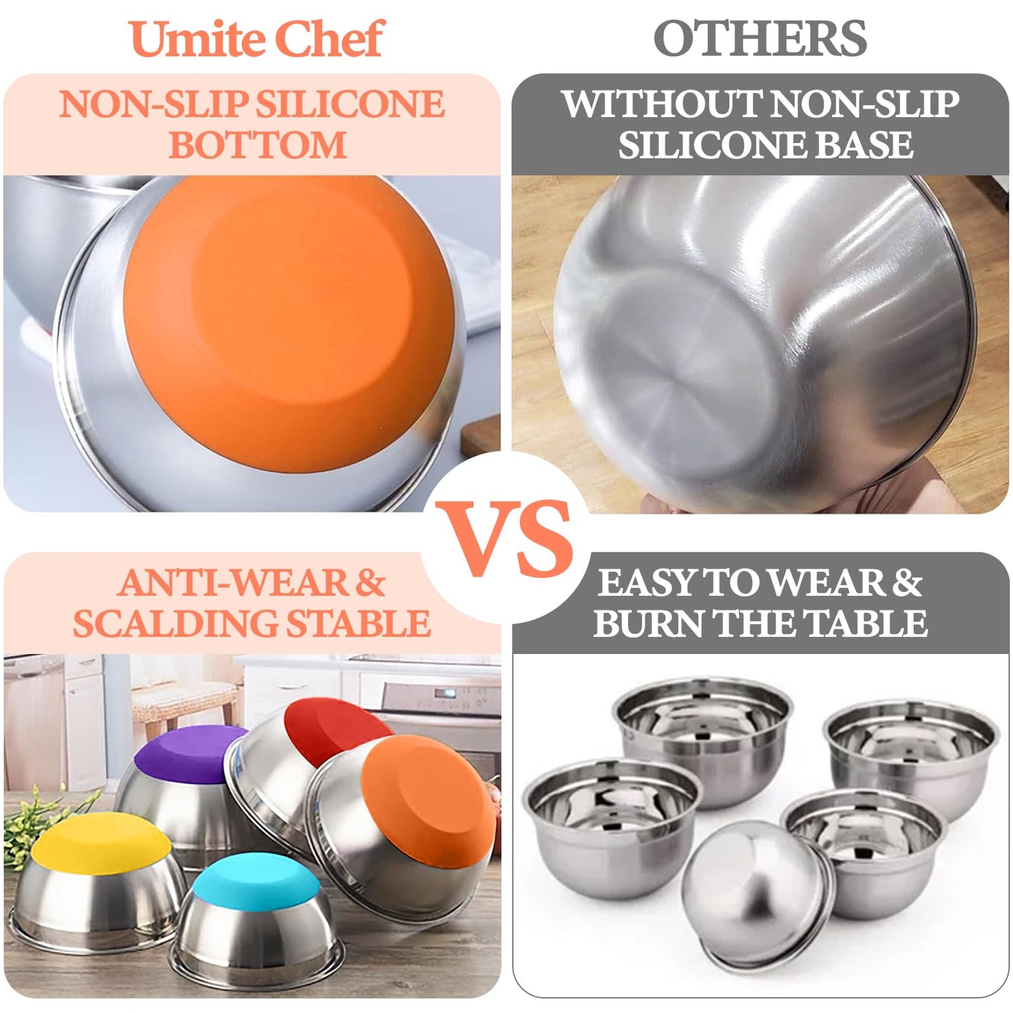 Umite Chef Mixing Bowls with Airtight Lids Set, 8PCS Stainless Steel Khaki Nesting Bowls with Grater Attachments, Kitchen Bowls with Non-Slip Bottoms, Size 5, 4, 3.5, 2, 1.5QT for Mixing & Serving