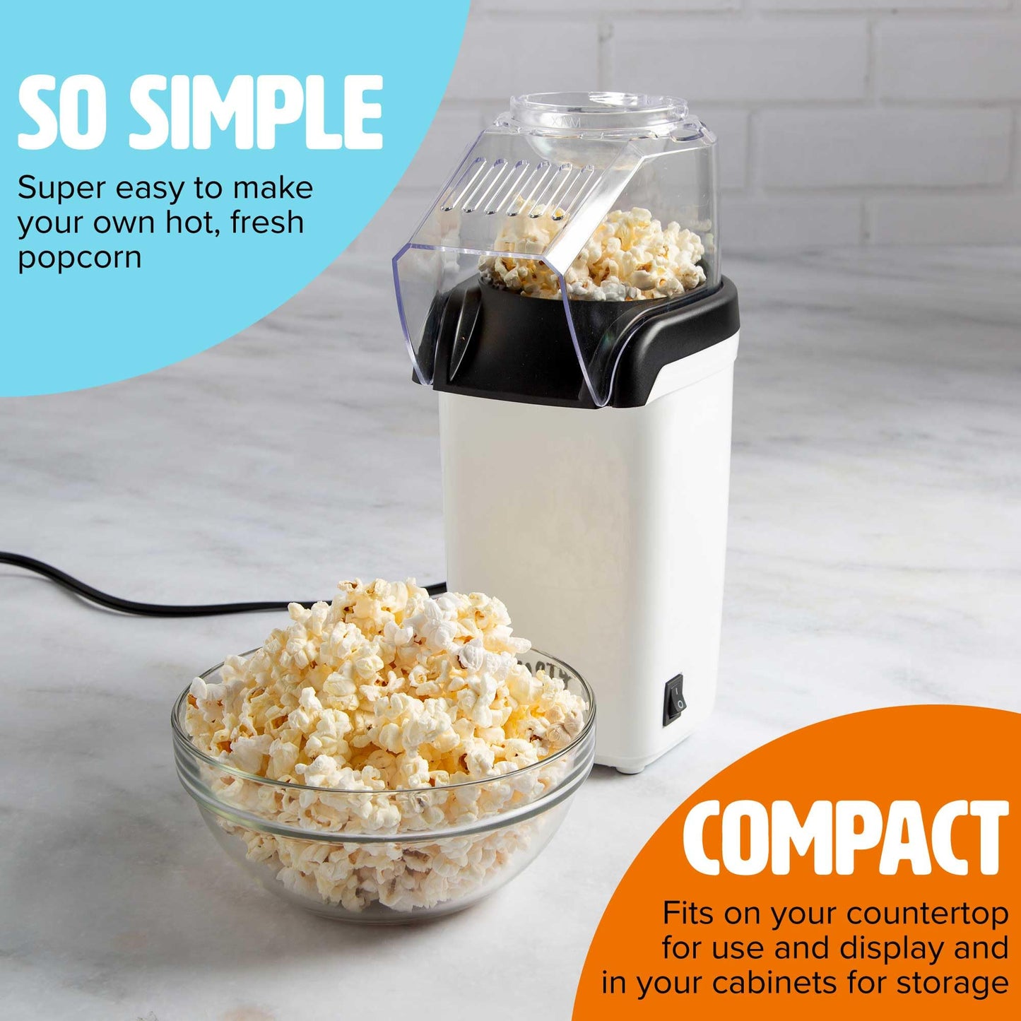Hot Air Popcorn Popper, Healthy and Delicious Popcorn in Minutes, Fast and Easy-to-Use, Built-In Measuring Cup and Butter Warmer, 8 Cups, White