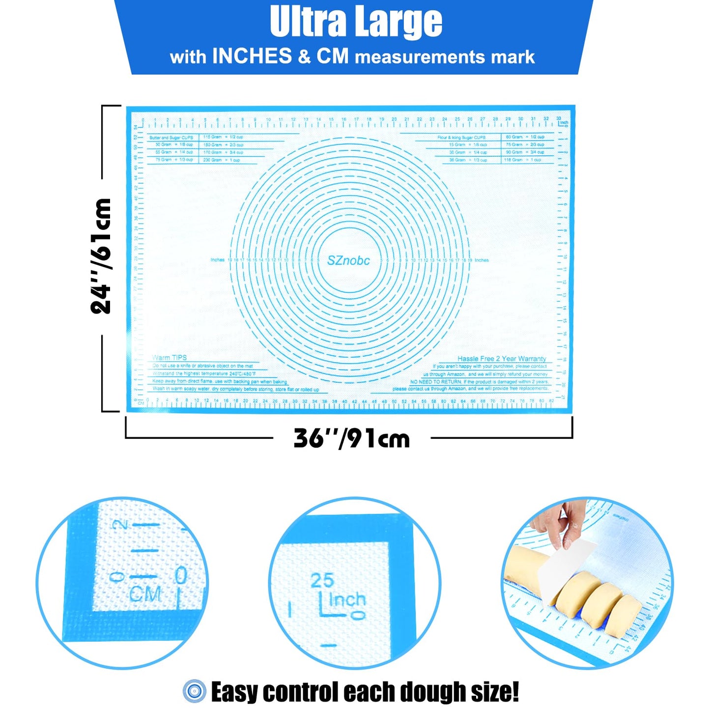 Non-slip Silicone Pastry Mat 36X24 inches Baking Mat with Measurement, Perfect for Dough, Pastry, Pie Crust, Fondant, Cookies, Bread, Pasta, Pizza, Food Grade Kitchen Counter Mats