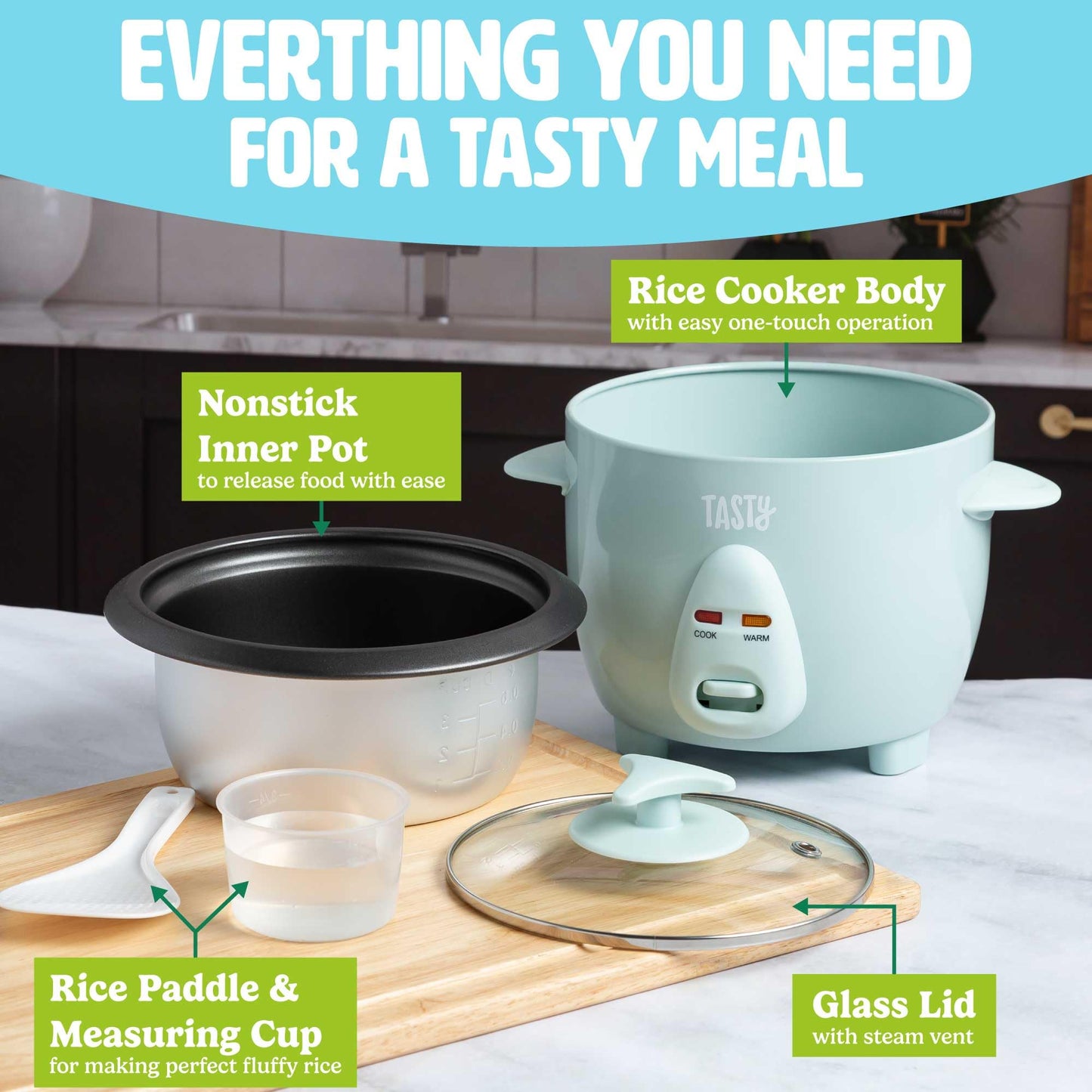 Tasty Mini Rice Cooker with Removable Nonstick Bowl and Auto Keep Warm Function, Great For Soups, Stews, Grains and Oats, 6 Cups Cooked (3 Cups Uncooked), 1.5-Quart, Aqua