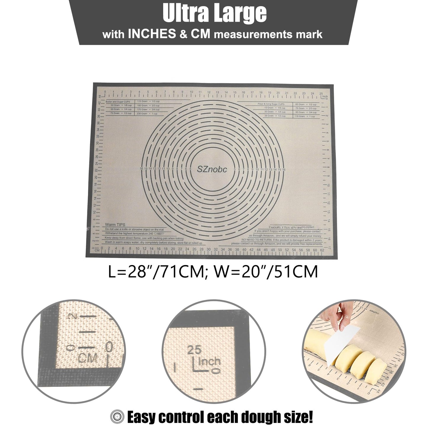 Non-slip Silicone Pastry Mat 36X24 inches Baking Mat with Measurement, Perfect for Dough, Pastry, Pie Crust, Fondant, Cookies, Bread, Pasta, Pizza, Food Grade Kitchen Counter Mats