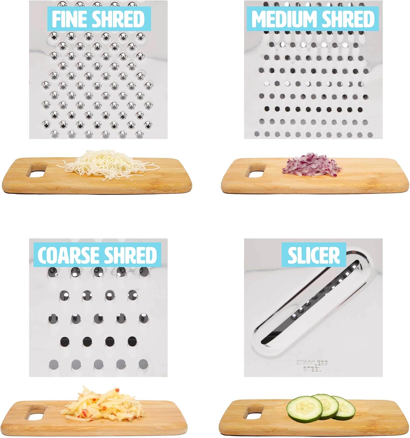 Box Grater with Storage Container & Lid, Multi-Sided Stainless Steel Grater for Fine, Medium, Coarse Shreds & Slicing, Non-Slip Base, Dishwasher Safe, Aqua