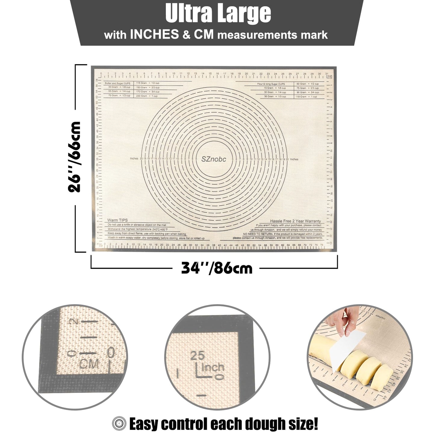 Non-slip Silicone Pastry Mat 36X24 inches Baking Mat with Measurement, Perfect for Dough, Pastry, Pie Crust, Fondant, Cookies, Bread, Pasta, Pizza, Food Grade Kitchen Counter Mats