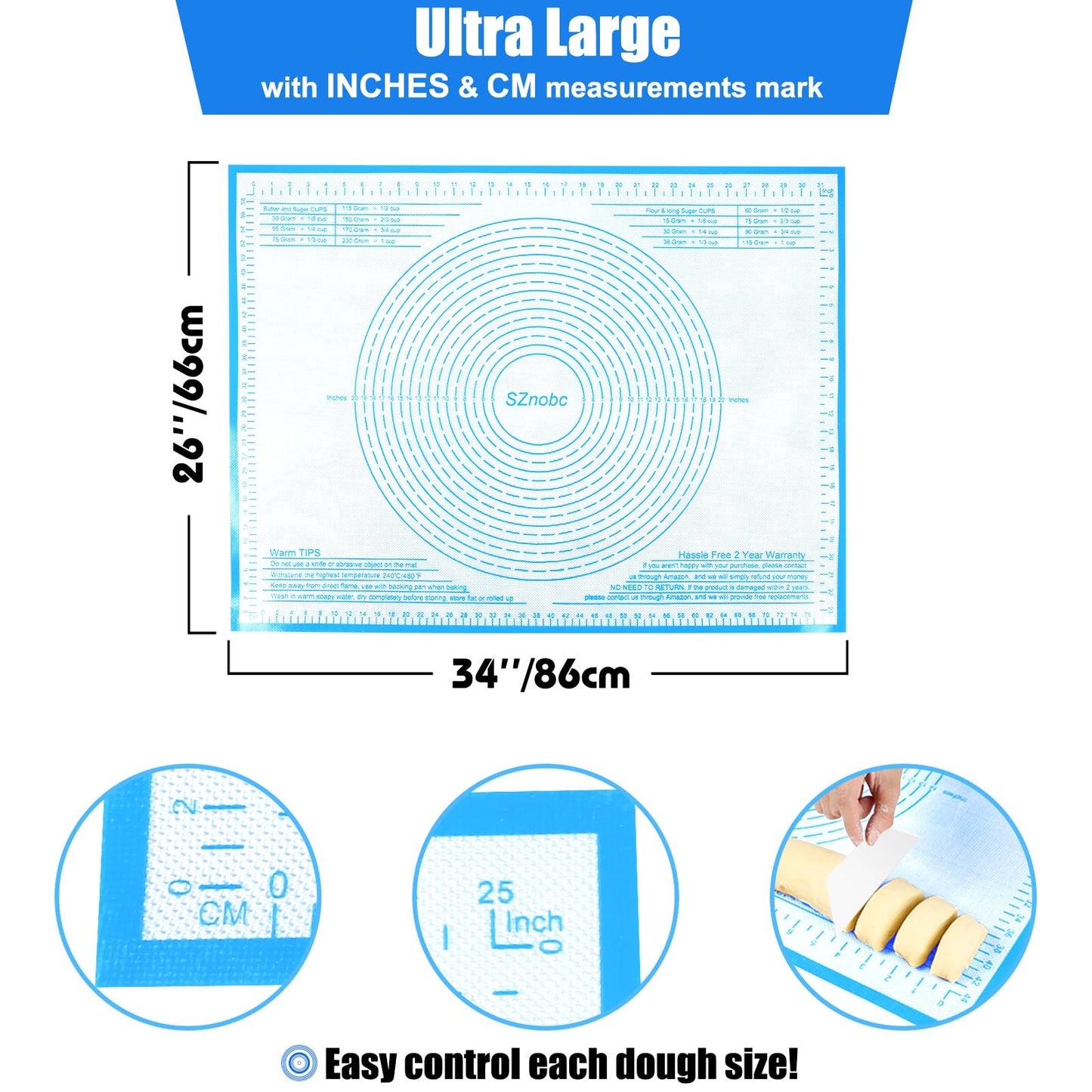Non-slip Silicone Pastry Mat 36X24 inches Baking Mat with Measurement, Perfect for Dough, Pastry, Pie Crust, Fondant, Cookies, Bread, Pasta, Pizza, Food Grade Kitchen Counter Mats