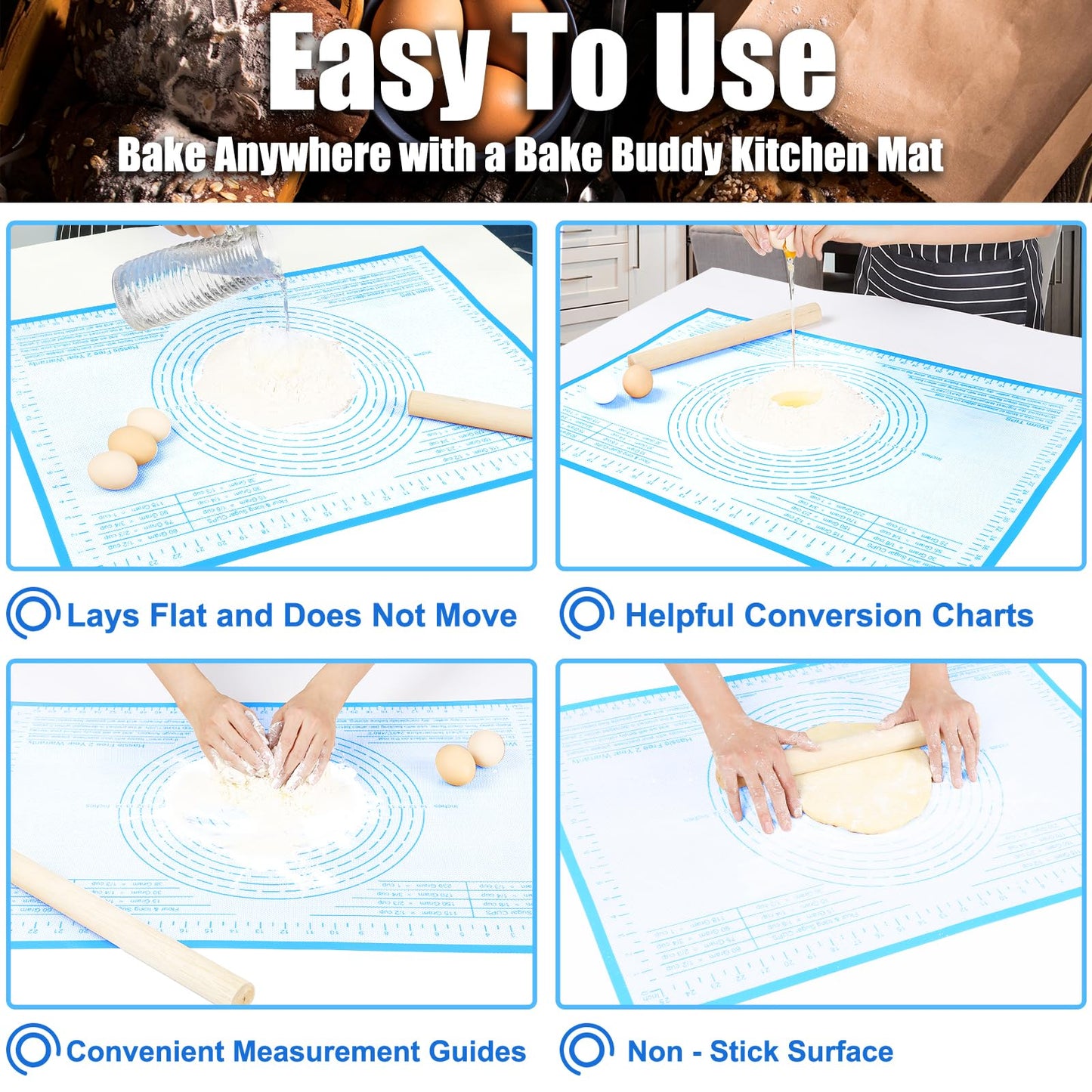 Non-slip Silicone Pastry Mat 36X24 inches Baking Mat with Measurement, Perfect for Dough, Pastry, Pie Crust, Fondant, Cookies, Bread, Pasta, Pizza, Food Grade Kitchen Counter Mats