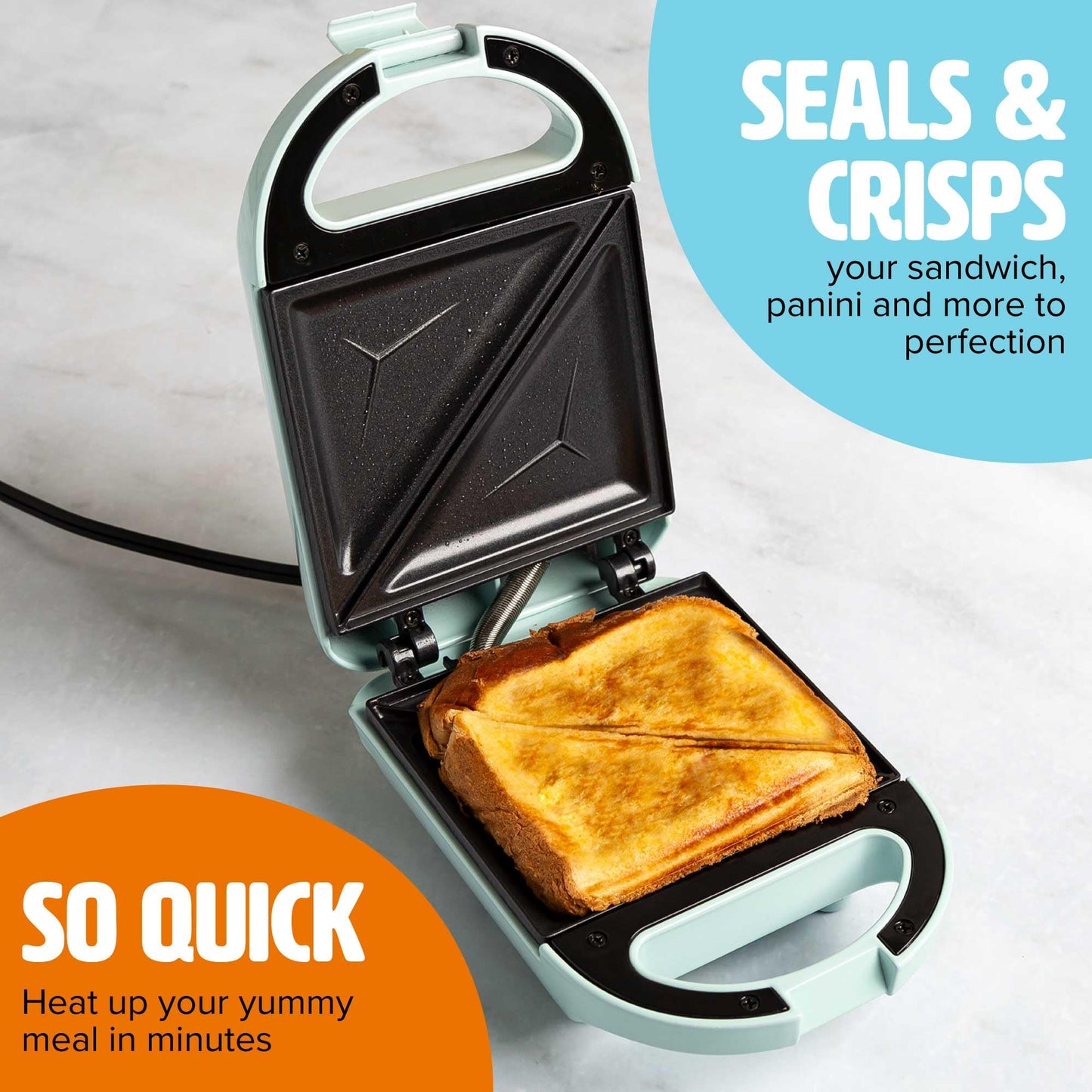 Mini Sandwich Maker, Makes Sandwiches, Paninis, Grilled Cheese, Desserts, Quick Results, Easy Cleanup, 600W, Aqua